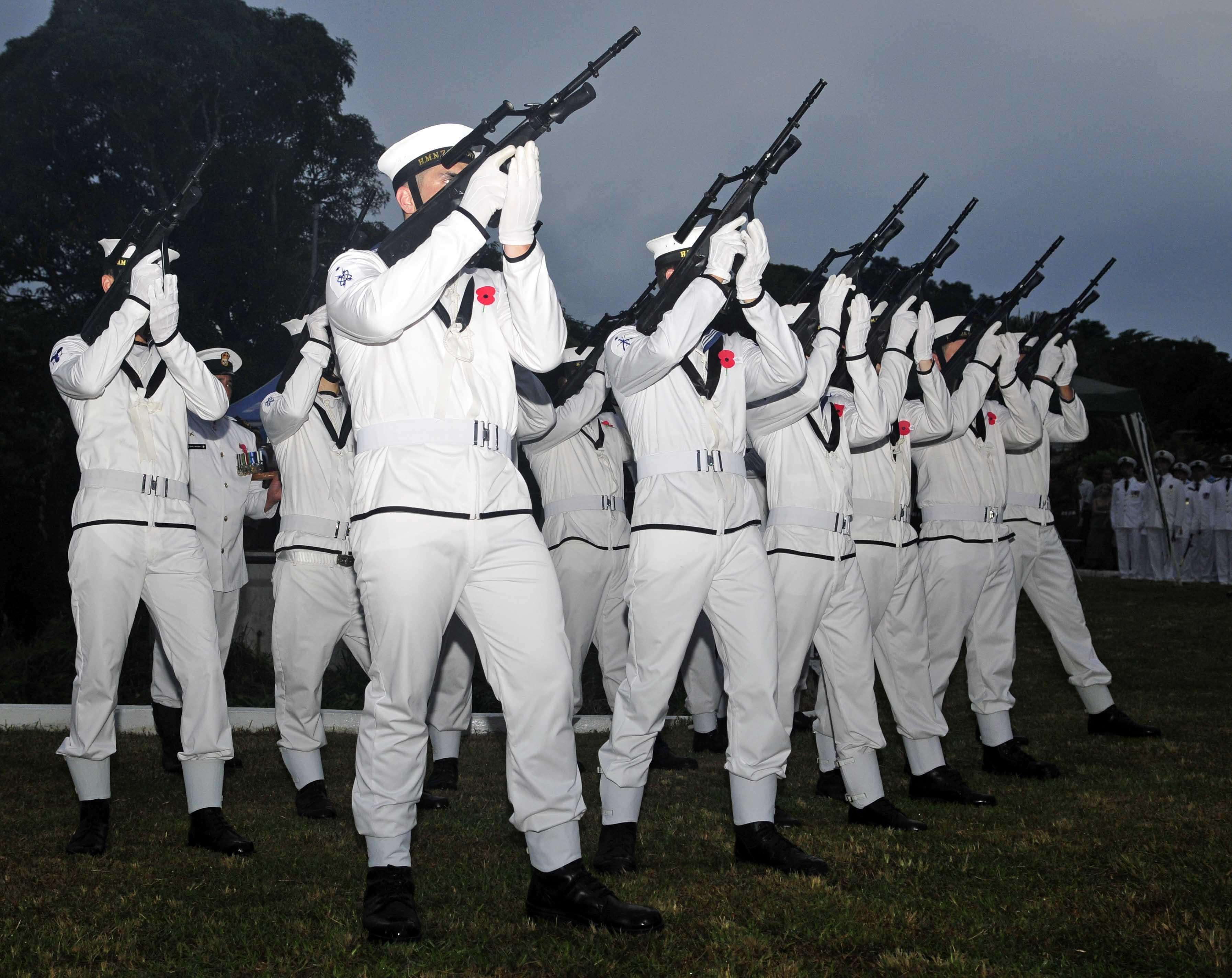 Sailors with the Royal New Zealand Navy render a gun salute during an Australian New Zealand Army Core Day celebration in 2011- US department of defense