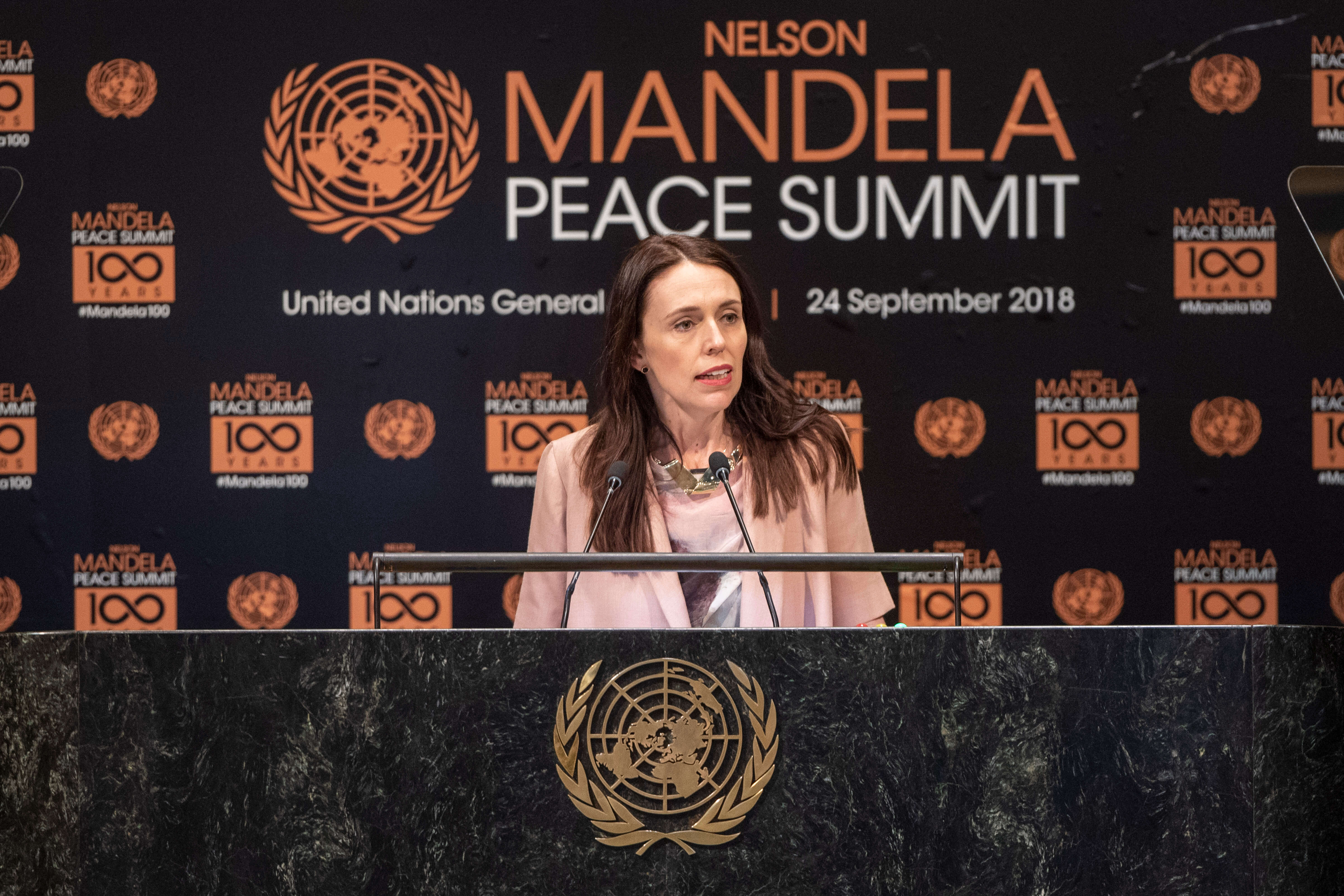Jacinda Ardern, Prime Minister and Minister for Arts, Culture and Heritage, and National Security and Intelligence of New Zealand, makes remarks during the Nelson Mandela Peace Summit in September 2018. Source: UN Photo