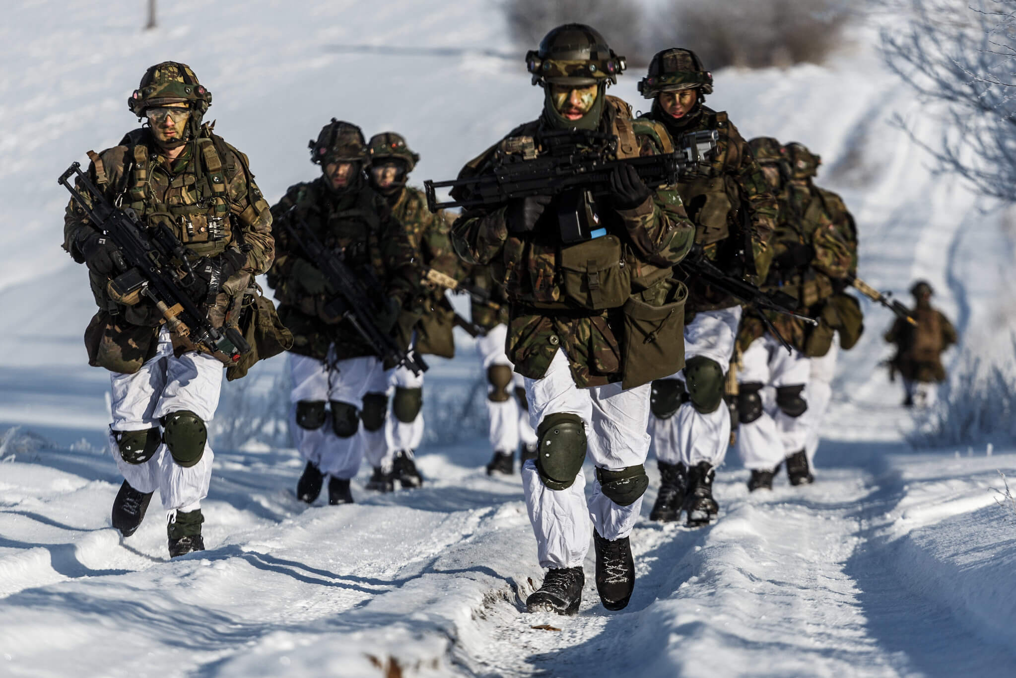 Boxhoorn-Dutch soldiers march through the Lithuanian countryside during Exercise Scorpion Strike, held by NATO forces in Lithuania on Feb. 21, 2018. NATO