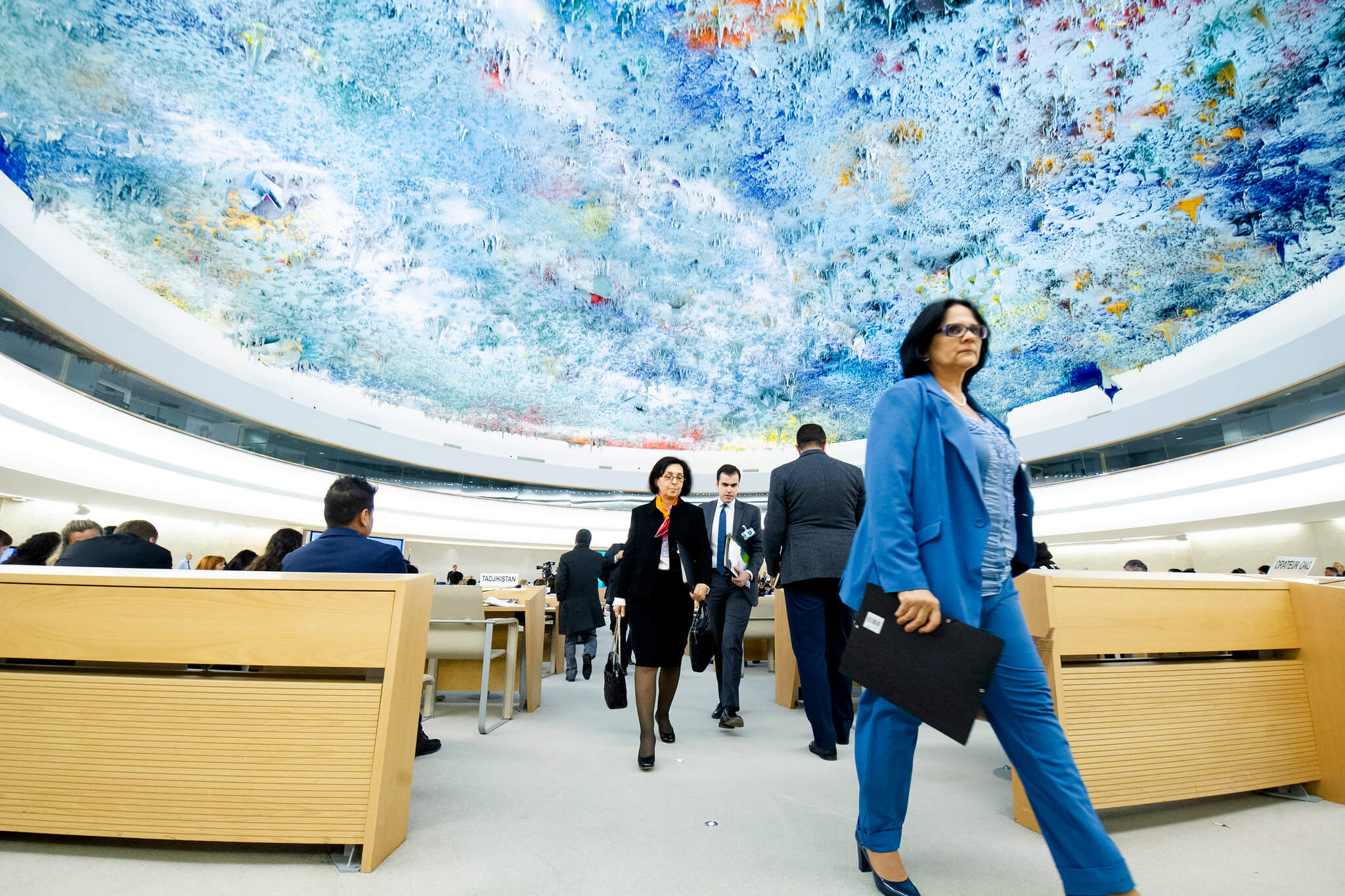 Delegates leave the room during the speech of Jorge Arreaza Montserrat, Minister of People’s Power for Foreign Affairs of Venezuela, Human Rights Council. 25 February 2020