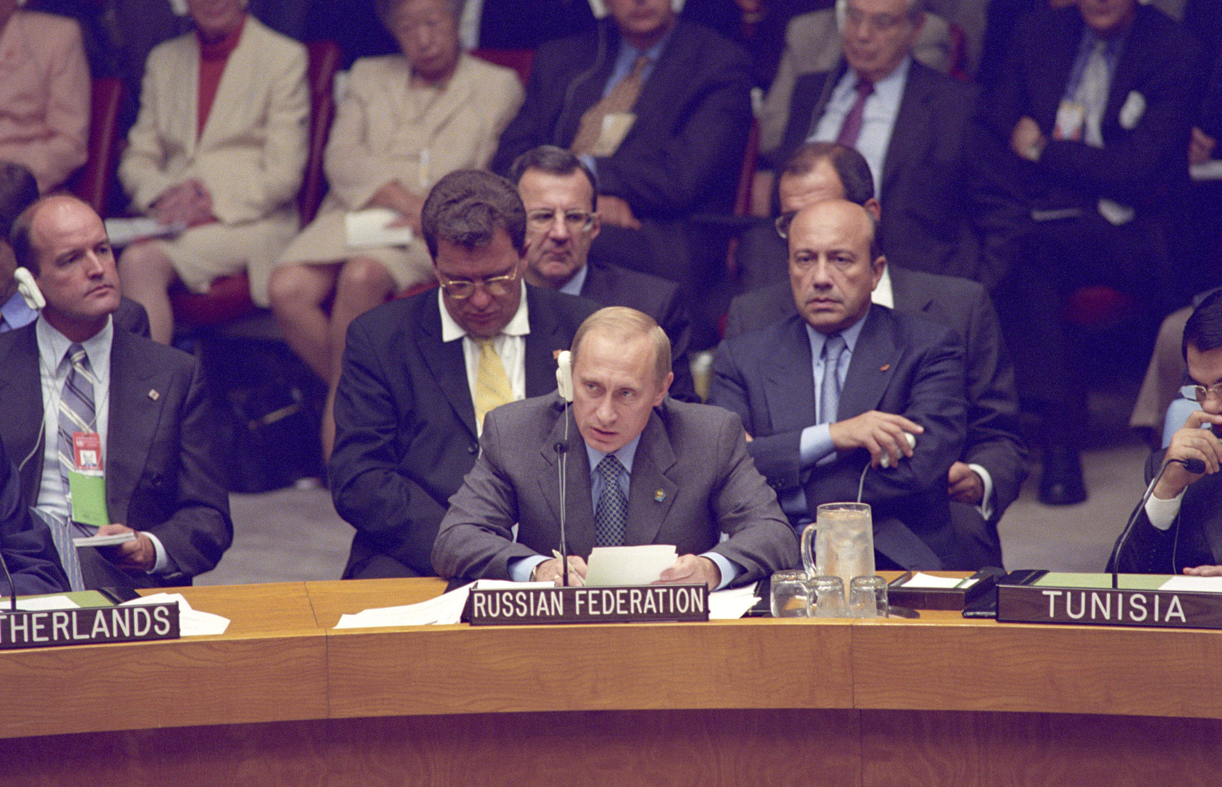 Gerrits - De Russische president Poetin tijdens een zitting van de VN-Veiligheidsraad in 2016. UN Photo