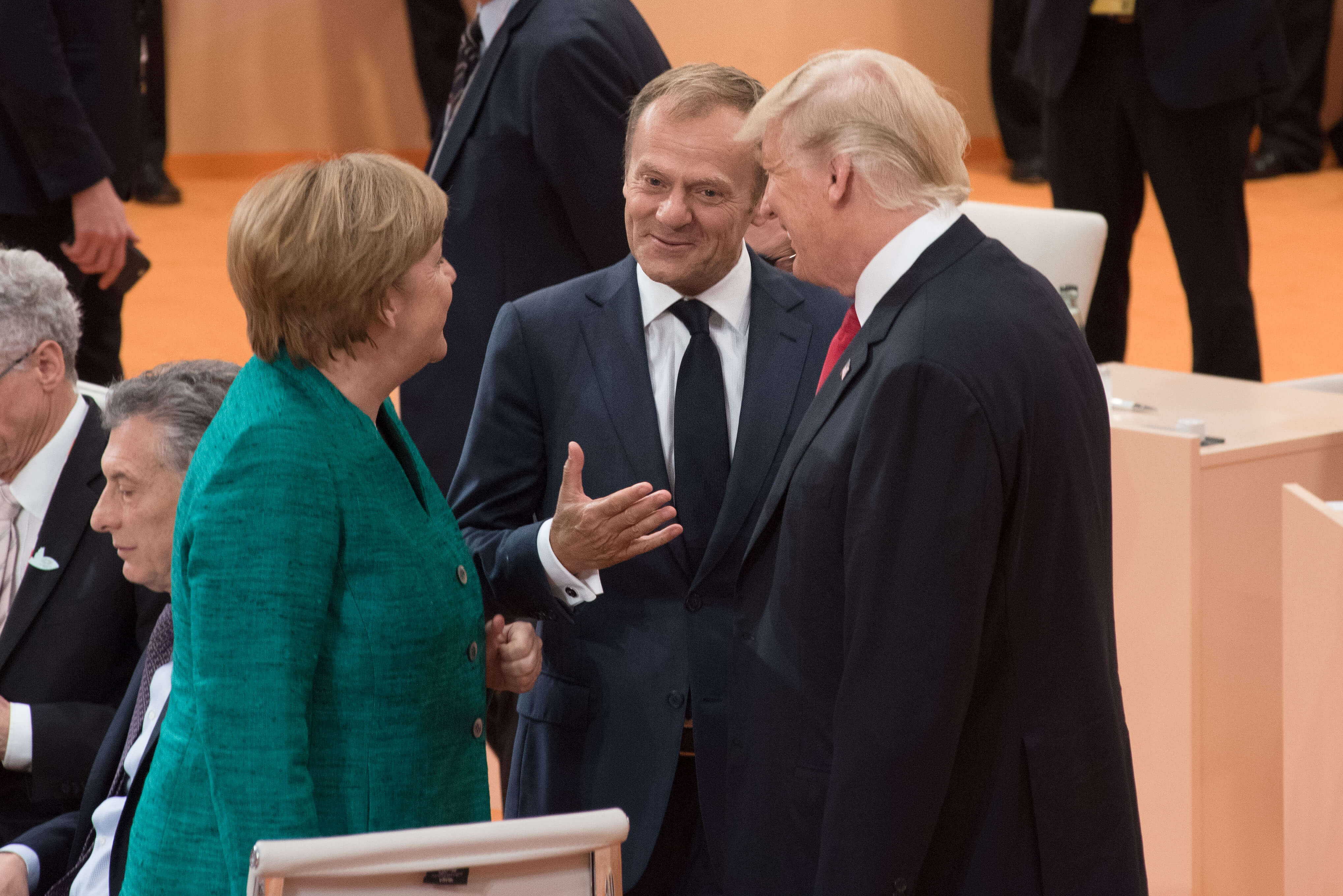 Angela Merkel met Donald Tusk en Donald Trump tijdens een G20-top in juli 2018-European Council President