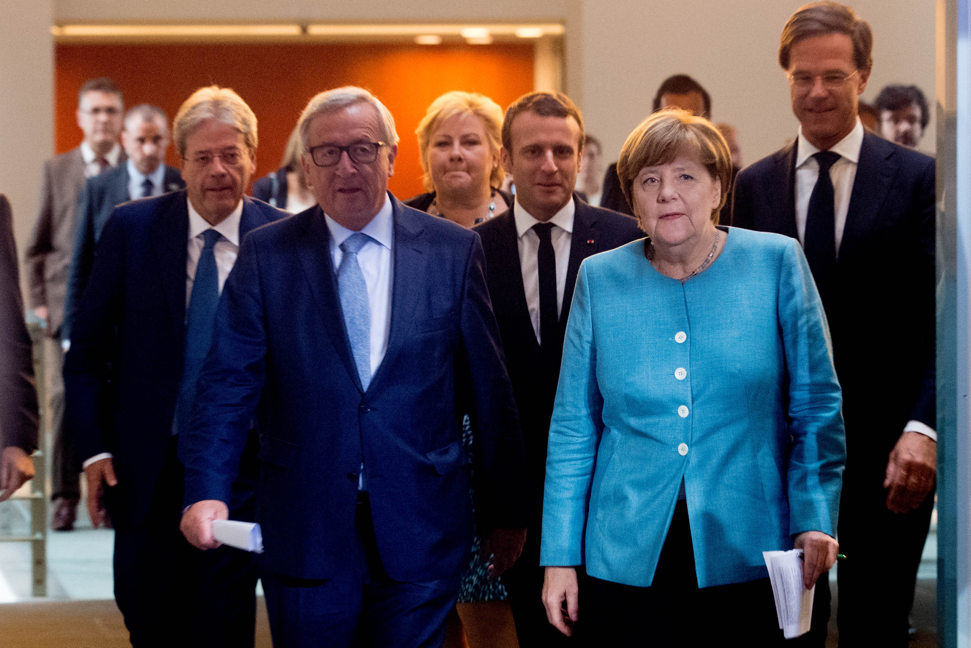 Jean-Claude Juncker with Angela Merkel, Emmanuel Marcon and Mark Rutte.