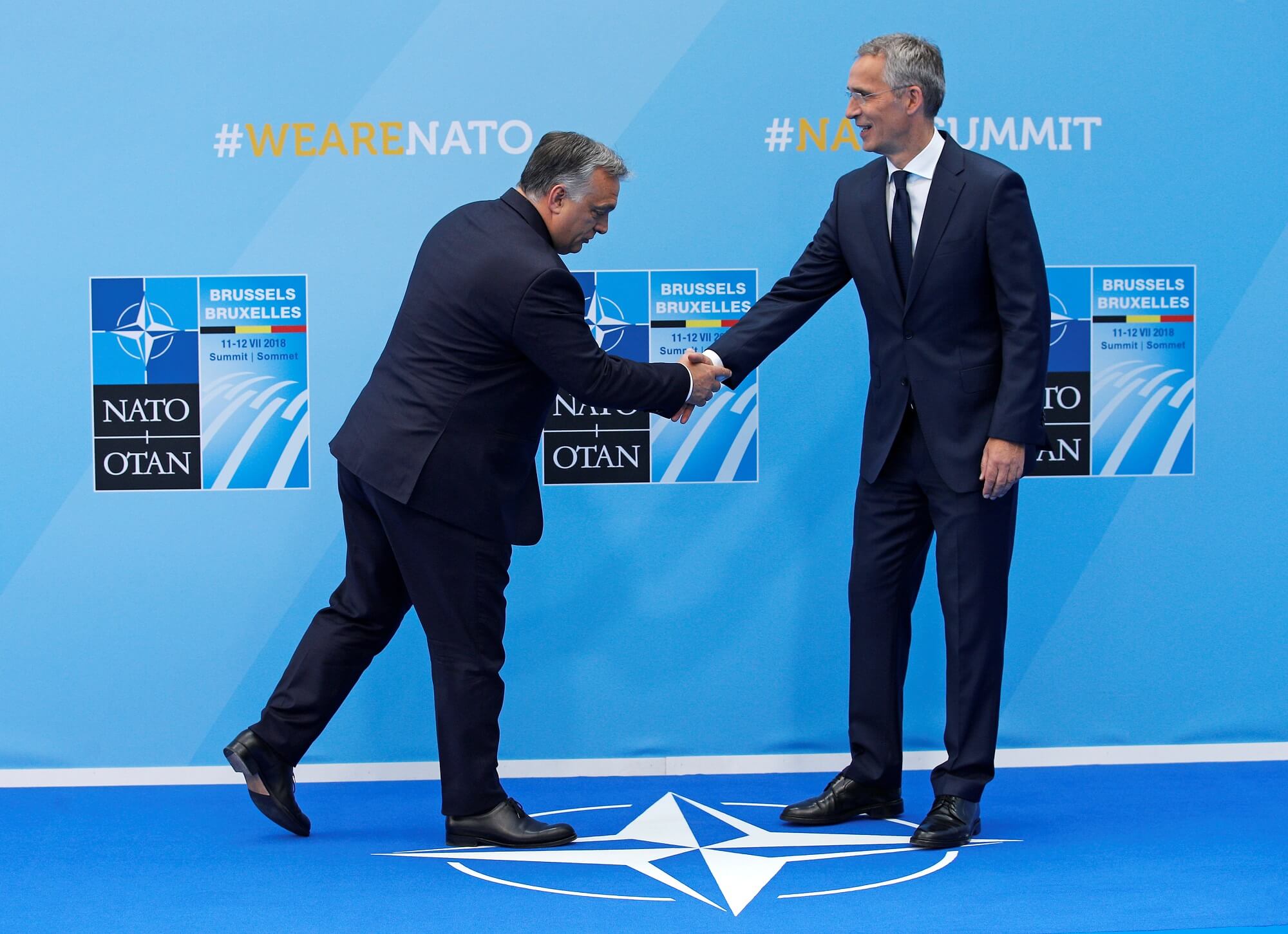 Kolen - Hungarian Prime Minister Viktor Orban is greeted by NATO Secretary General Jens Stoltenberg at NATO headquarters in Brussels, Belgium, July 11, 2018.