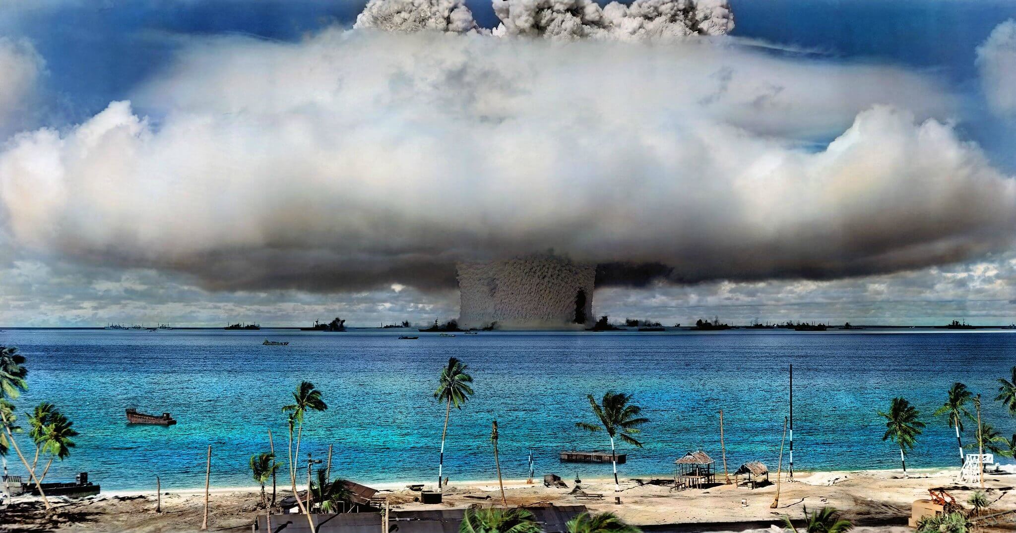 A nuclear weapon is detonated at Bikini Atoll in the Marshall Islands in 1946. (Image has been colorized.) © International Campaign to Abolish Nuclear Weapons