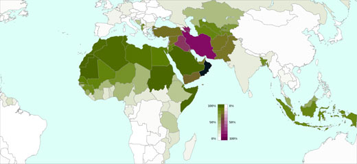 Aandeel van soennitische (groen) en sji’itische (paars) moslims