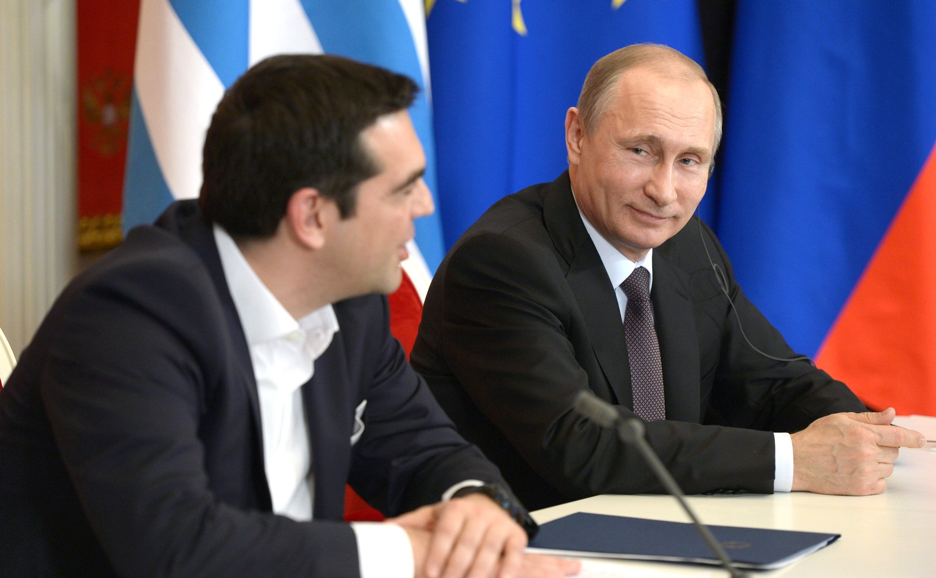 De Griekse premier Alexis Tsipras en de Russische president Vladimir Poetin in Moskou, 8 april 2015