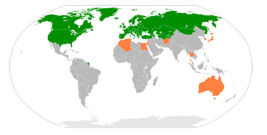 Lidstaten van de OVSE (groen) en samenwerkingspartners (oranje)