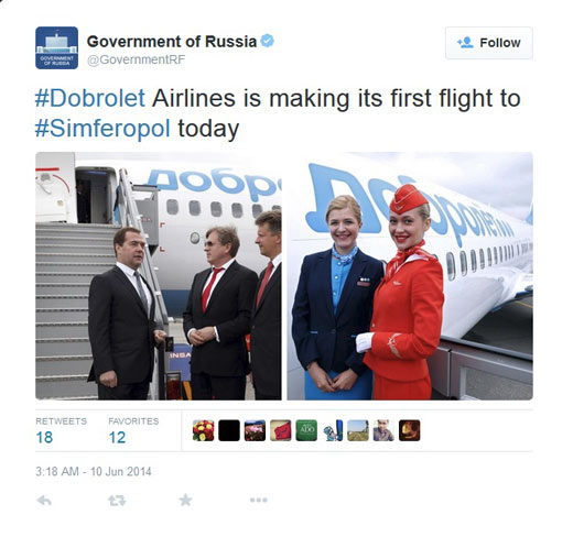 Een tweet van de Russische regering over de Russische low-budget luchtvaartmaatschappij