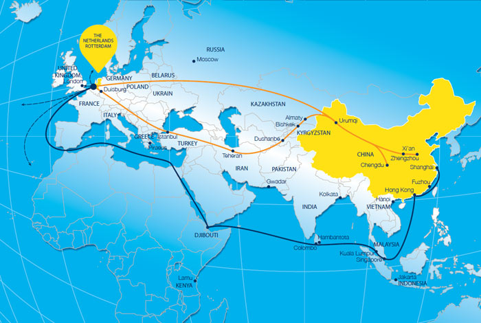 ‘De spoorverbindingen tussen China en Europa en de maritieme verbindingen tussen China, Afrika en Europa.