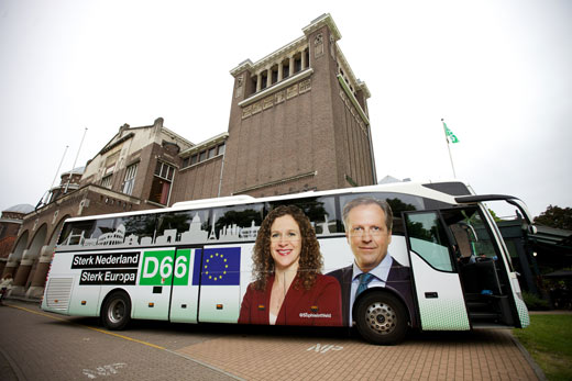 De D66-campagnebus tijdens de Europese verkiezingen 2014. De partijaanhang van D66 is samen met die van GroenLinks het meest pro-EU.