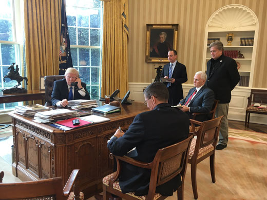 Trump speaking to Russian president Vladimir Putin at the Oval Office on January 28, 2017.