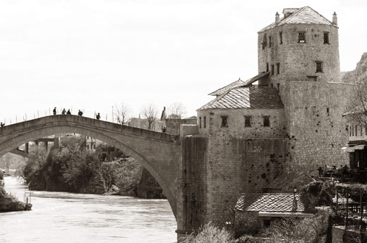 The Stari Most bridge in Mostar, Bosnia and Herzegovina was destroyed during the 1992-1995 armed conflict, and later rebuilt. 