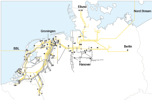 Figure 3. Gasunie H (yellow) and L (grey) gas pipeline system