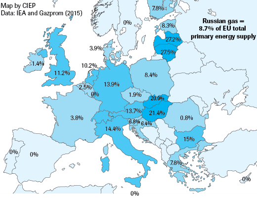 Figure 6. Share of Russian gas on total primary energy supply in the EU-28 (CIEP, IEA, Gazprom – 2015). 