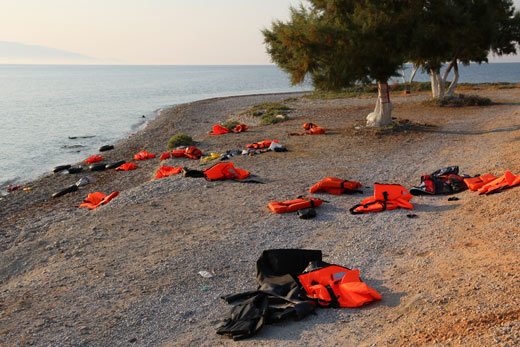 Life jackets abandoned at a beach in Lesbos 2015.