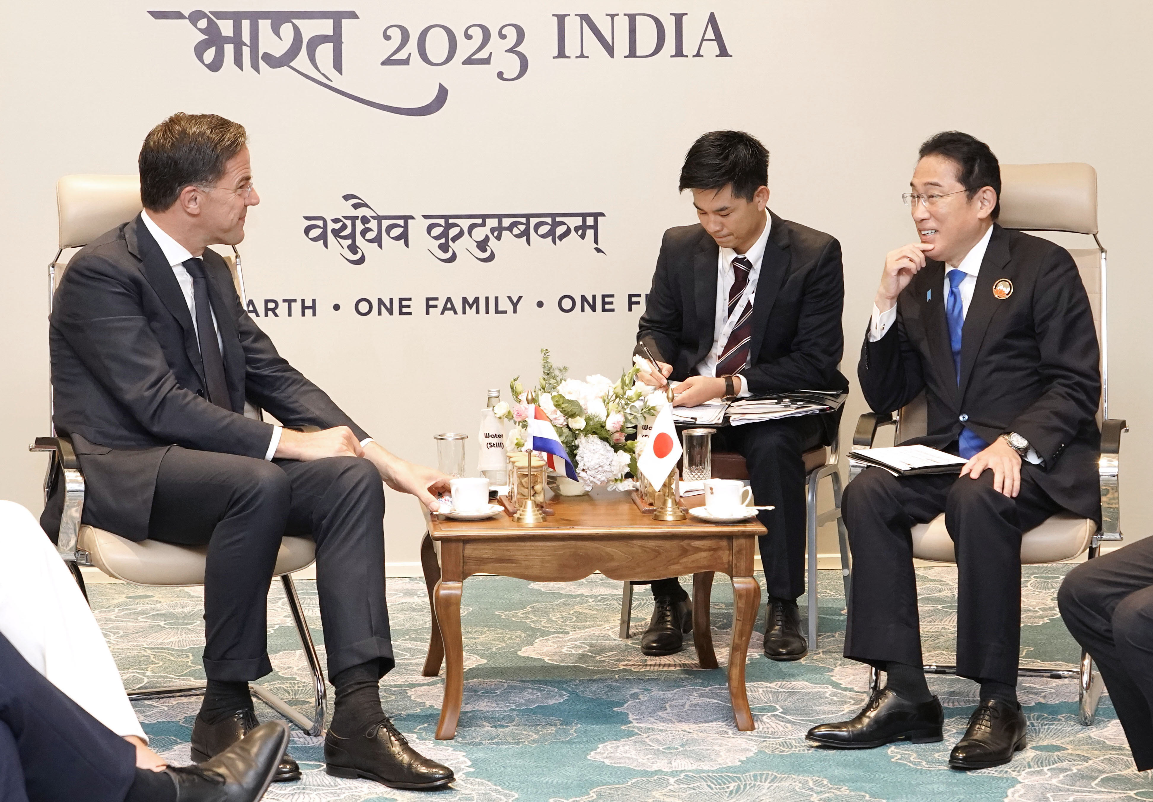 Japans premier Fumio Kishida en Mark Rutte in New Delhi, India op 9 september 2023. © Kyodo via Reuters 