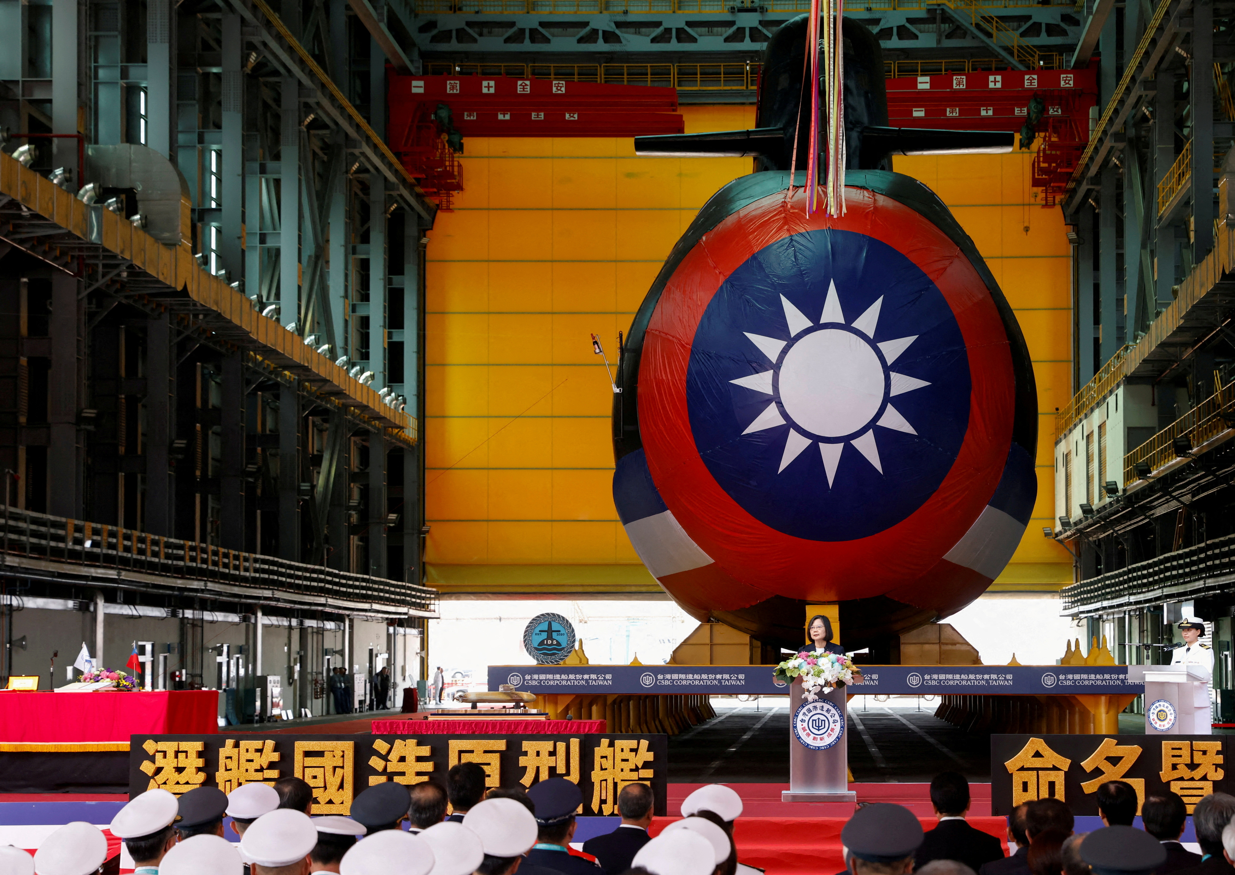 Taiwan's President Tsai Ing-wen attends the launching ceremony of Narwhal, its first domestically built submarine, in Kaohsiung, Taiwan, on 28 September 2023. © Carlos Garcia Rawlins via Reuters 