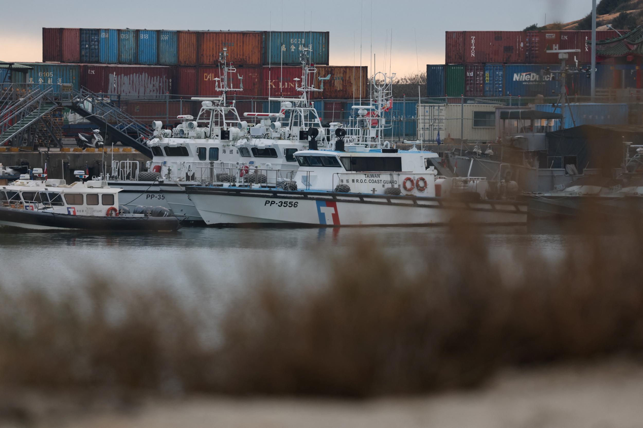Taiwan’s Coast guard boats at a port in Kinmen, 24 February 2024. © Ann Wang via Reuters