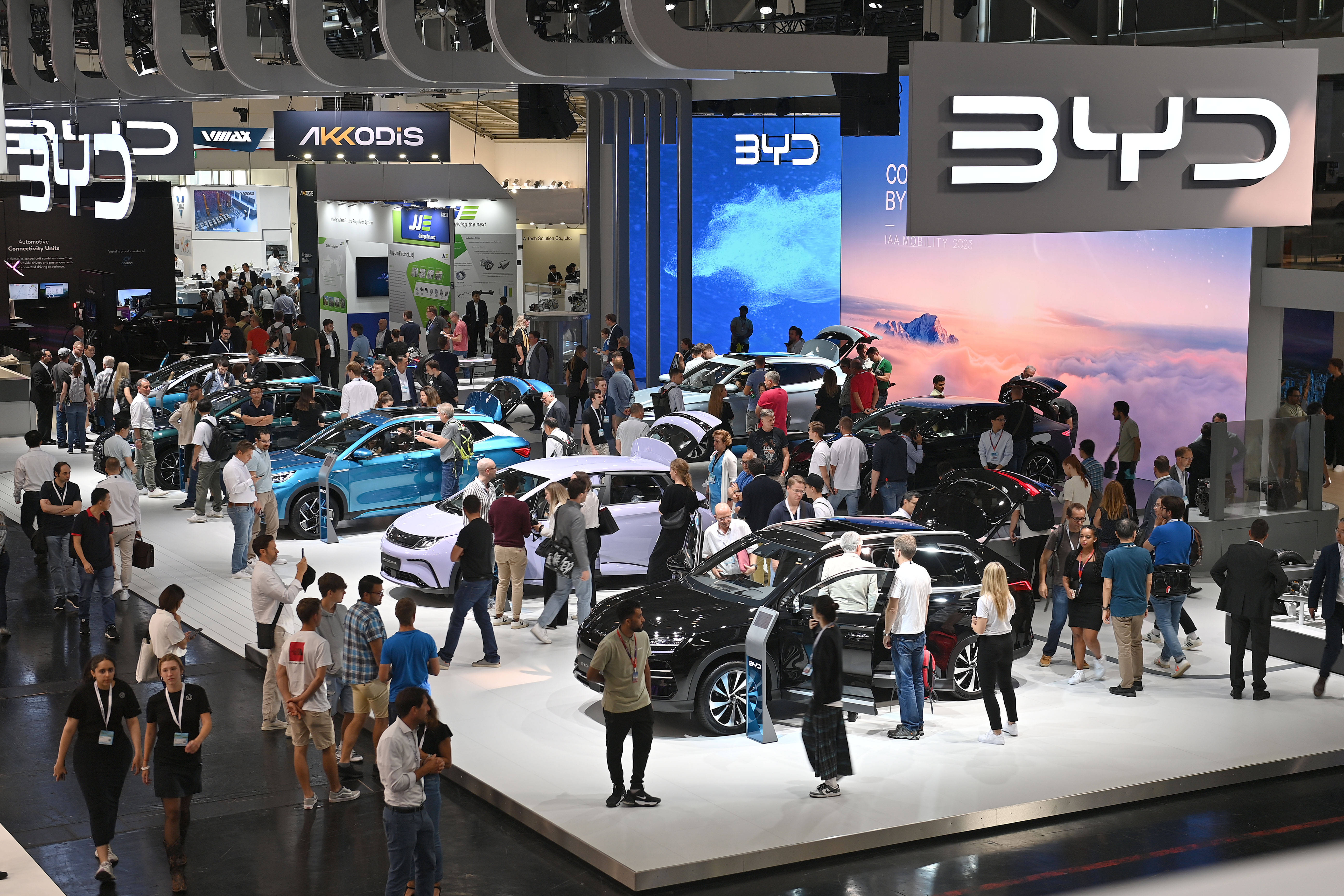 Visitors exploring the BYD stand at IAA Mobility 2023, held at Messe Riem in Munich from September 5-10, 2023. © IMAGO/Sven Simon via Reuters