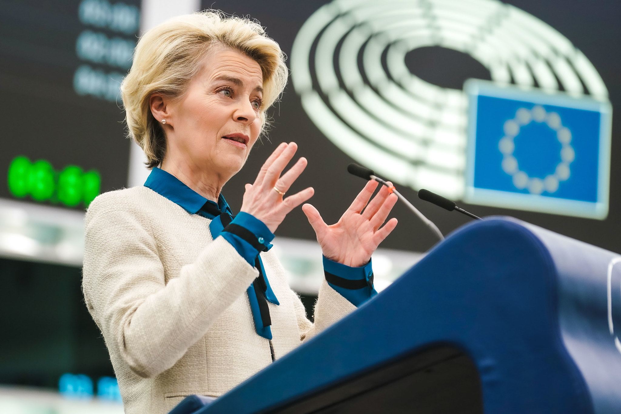 Tijdens een debat met de voorzitters van de Europese Unie, Ursula von der Leyen en Charles Michel, riepen Europarlementariërs op tot voortgezette steun voor Oekraïne, 18 januari 2023. © Europees Parlement via Flickr