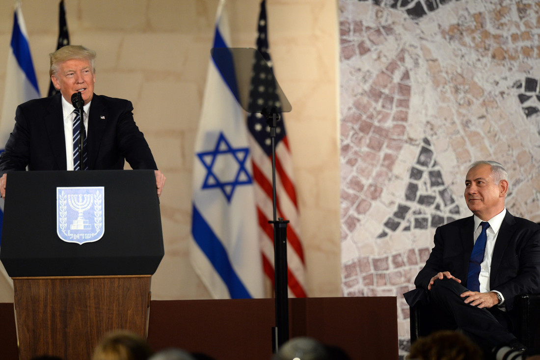 President Donald Trump en premier Benjamin Netanyahu tijdens Trumps bezoek aan Israël in mei 2017. © Amos Ben Gershom, GPO Israël/Flickr