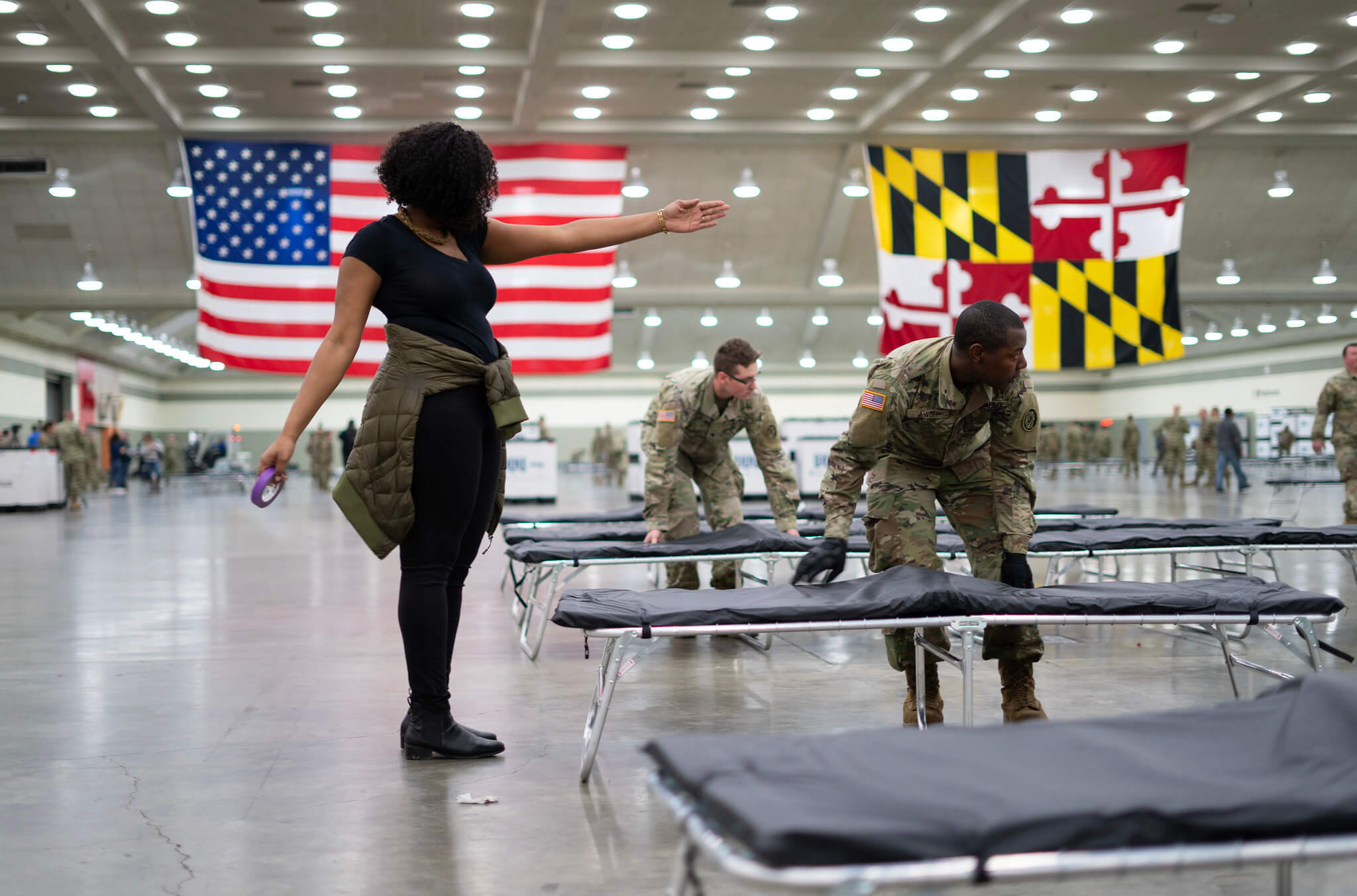 Biscop-Maryland Army National Guard Soldiers work with local, state, and federal partners to establish a Federal Medical Station as an alternate medical facility at the Baltimore Convention Center in Maryland on March 28 2020. The National Guard