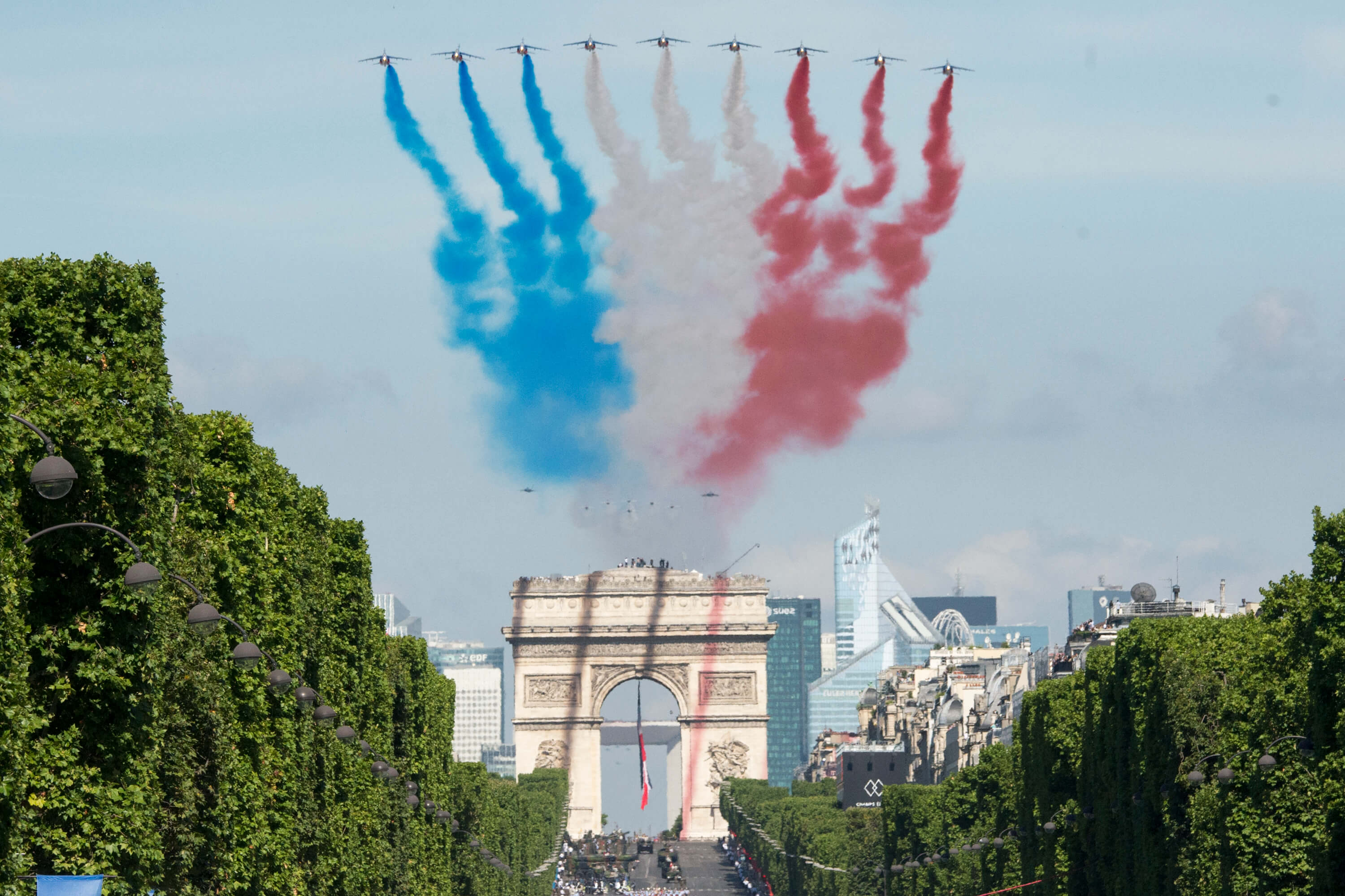 Bouemar - French aircraft fly over the Champs-Elysees during the annual Bastille Day military parade in Paris, July 14, 2017. DoD photo by Navy Petty Officer 2nd Class Dominique Pineiro