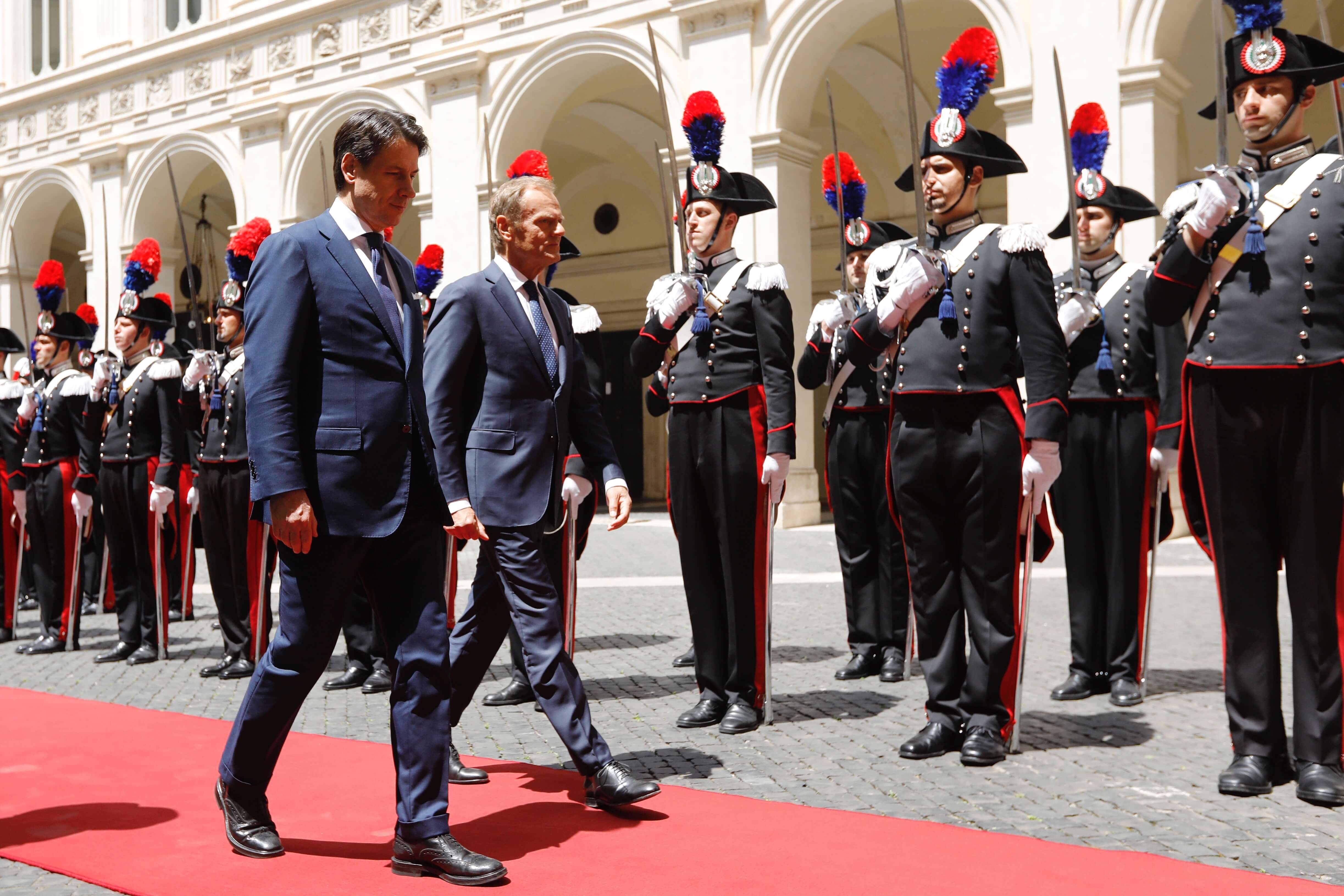 De Italiaanse premier Giuseppe Conte ontvangt EU-president Donald Tusk in Rome eind mei 2019 © European Union