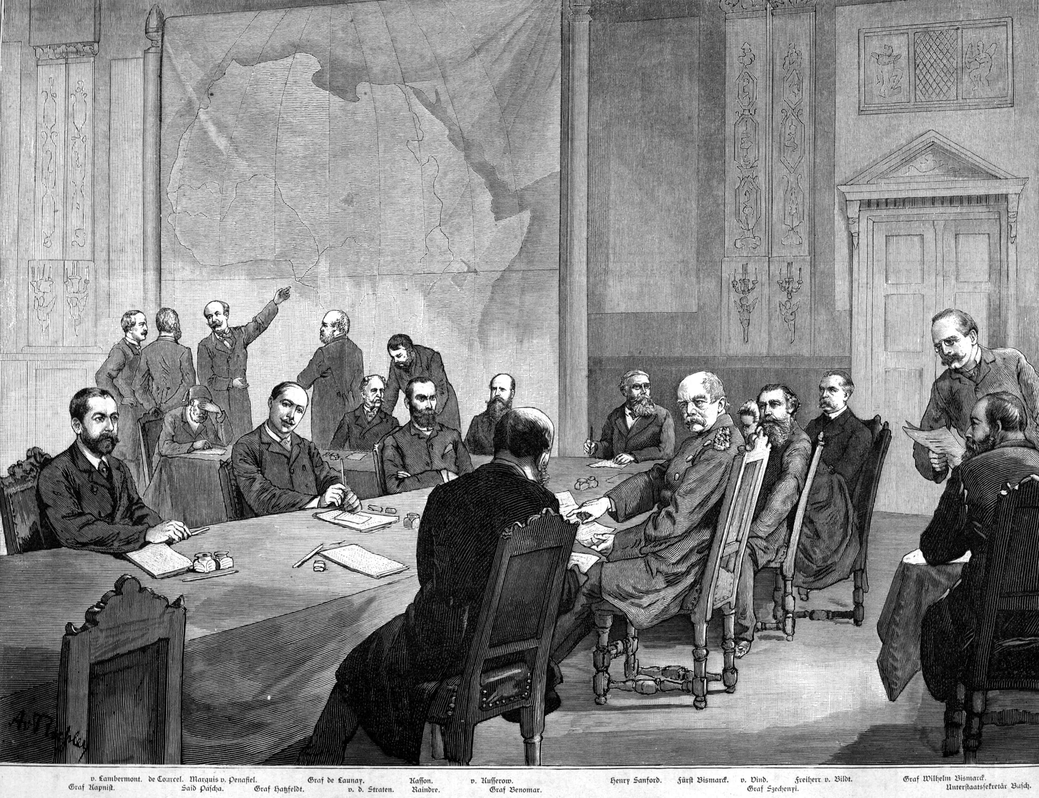 DeCordier-De (Koloniale) Conferentie van Berlijn, ook wel de Congo- of West-Afrikaconferentie waar vijftien Europese landen en de Verenigde Staten in Berlijn in 1884-1885 Afrika 'verdeelden'. Wikicommons