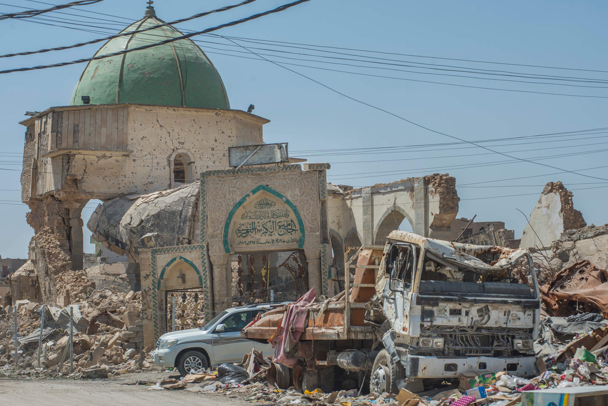 DeRoon-De verwoeste al-Nuri-moskee in Mosul in 2018. Vanuit deze moskee riep IS-leider Abu Bakr al-Baghdadi in 2014 het kalifaat uit. European Union-Peter Biro-Flickr