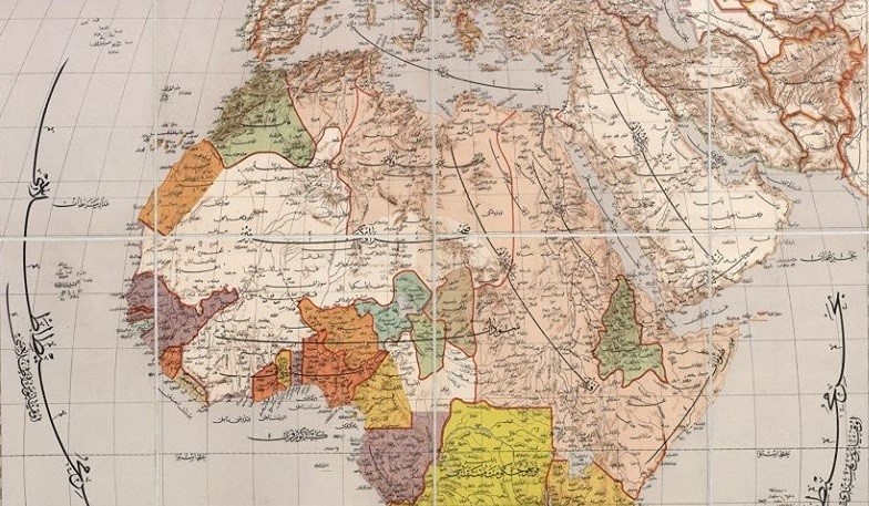 Fragment uit een Ottomaanse kaart van Afrika uit omstreeks 1890. Het roze ingekleurde gedeelte staat aangeduid als ‘Afrika-i Osmani’ (‘Ottomaans Afrika’) .