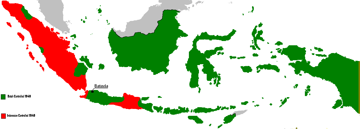 DeJong-Oorlogssituatie in 1949. De groene gebieden worden beheerst door het Koninkrijk der Nederlanden, de rode door de Republiek Indonesia. Wikimediacommons