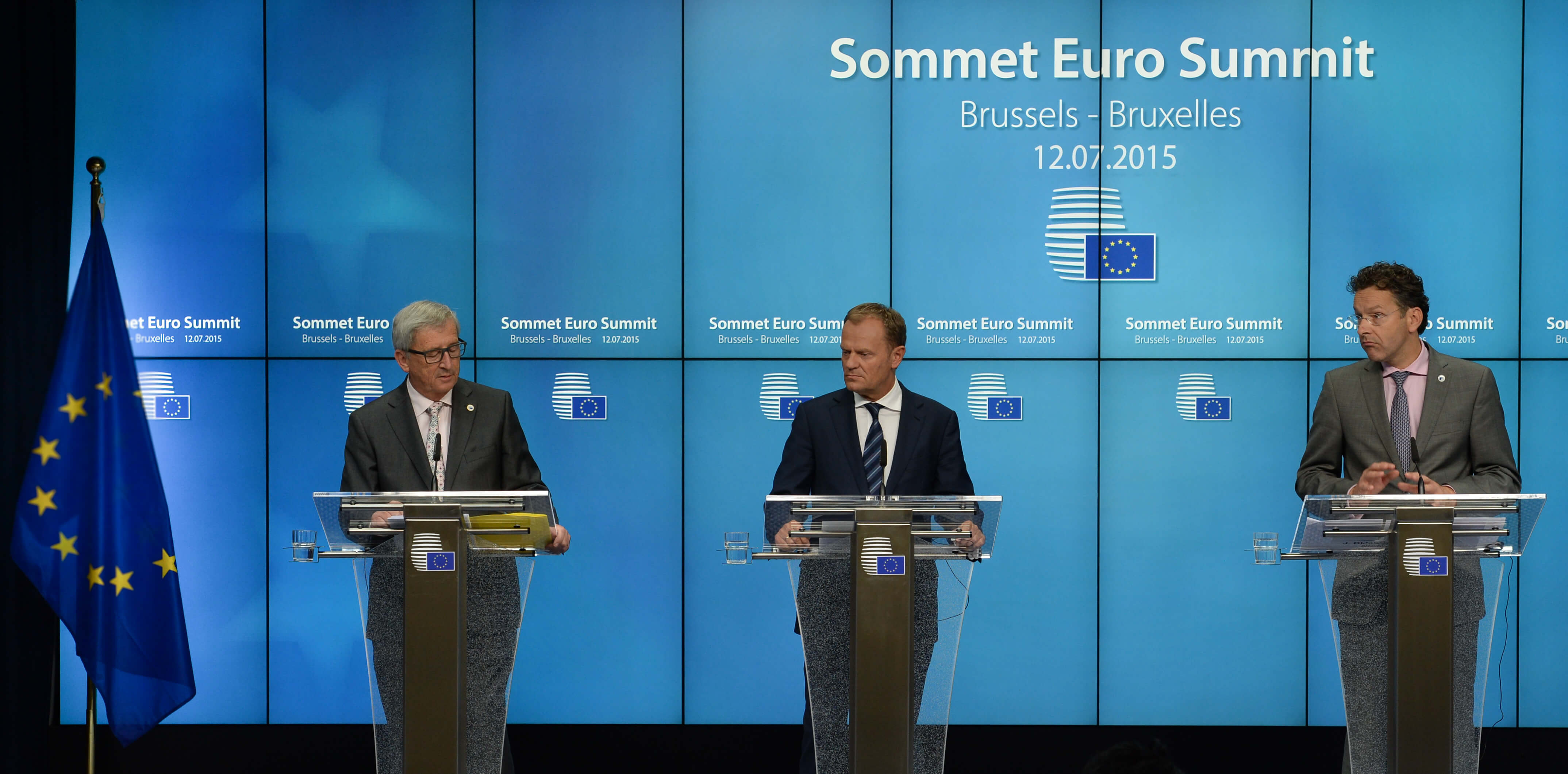Jean-Claude Juncker, Donald Tusk en Jeroen Dijsselbloem tijdens een top over de eurozone in juli 2015. © European Union 2015
