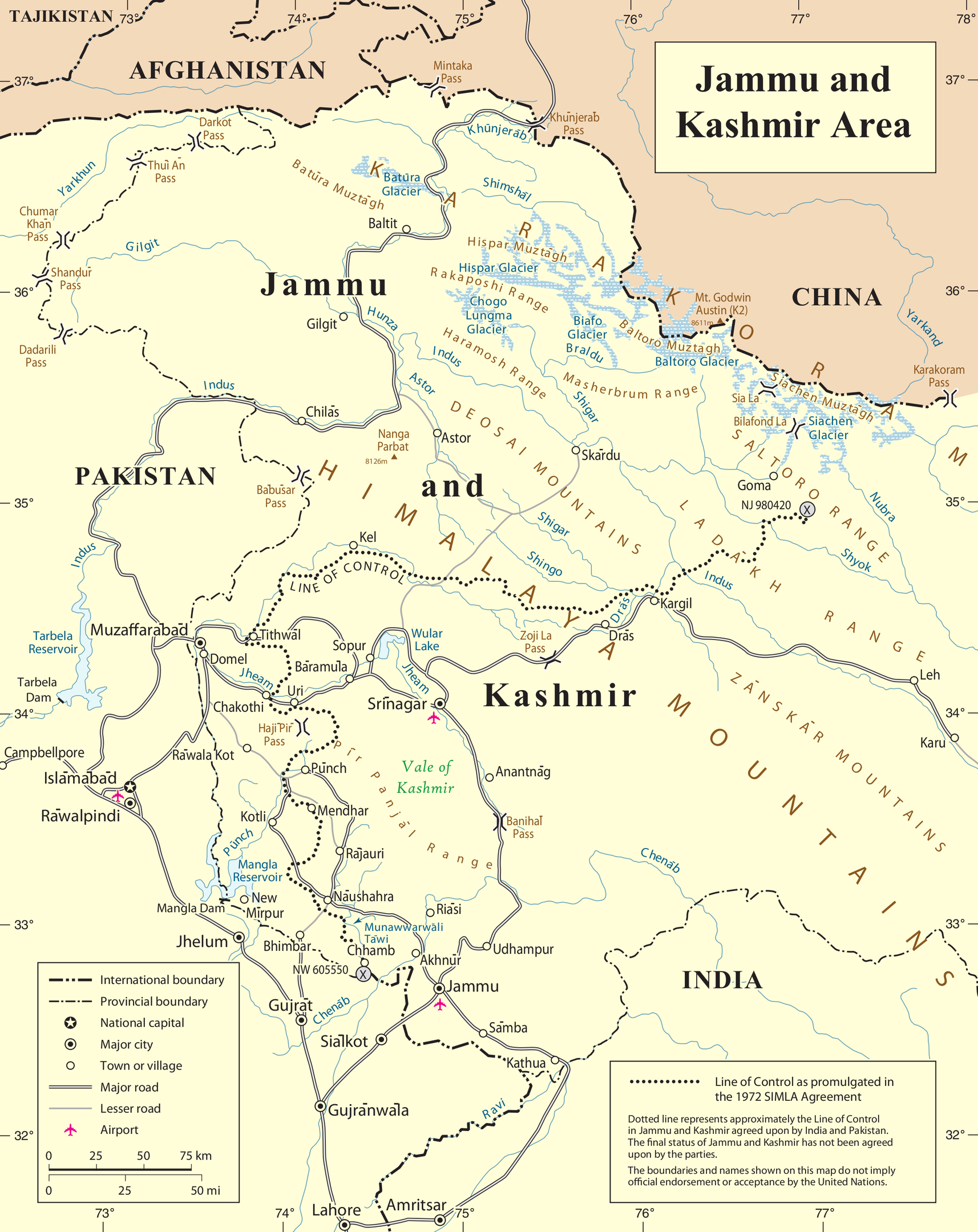 Gedetailleerde kaart van Jammu en Kasjmir (VN). © Wikicommons