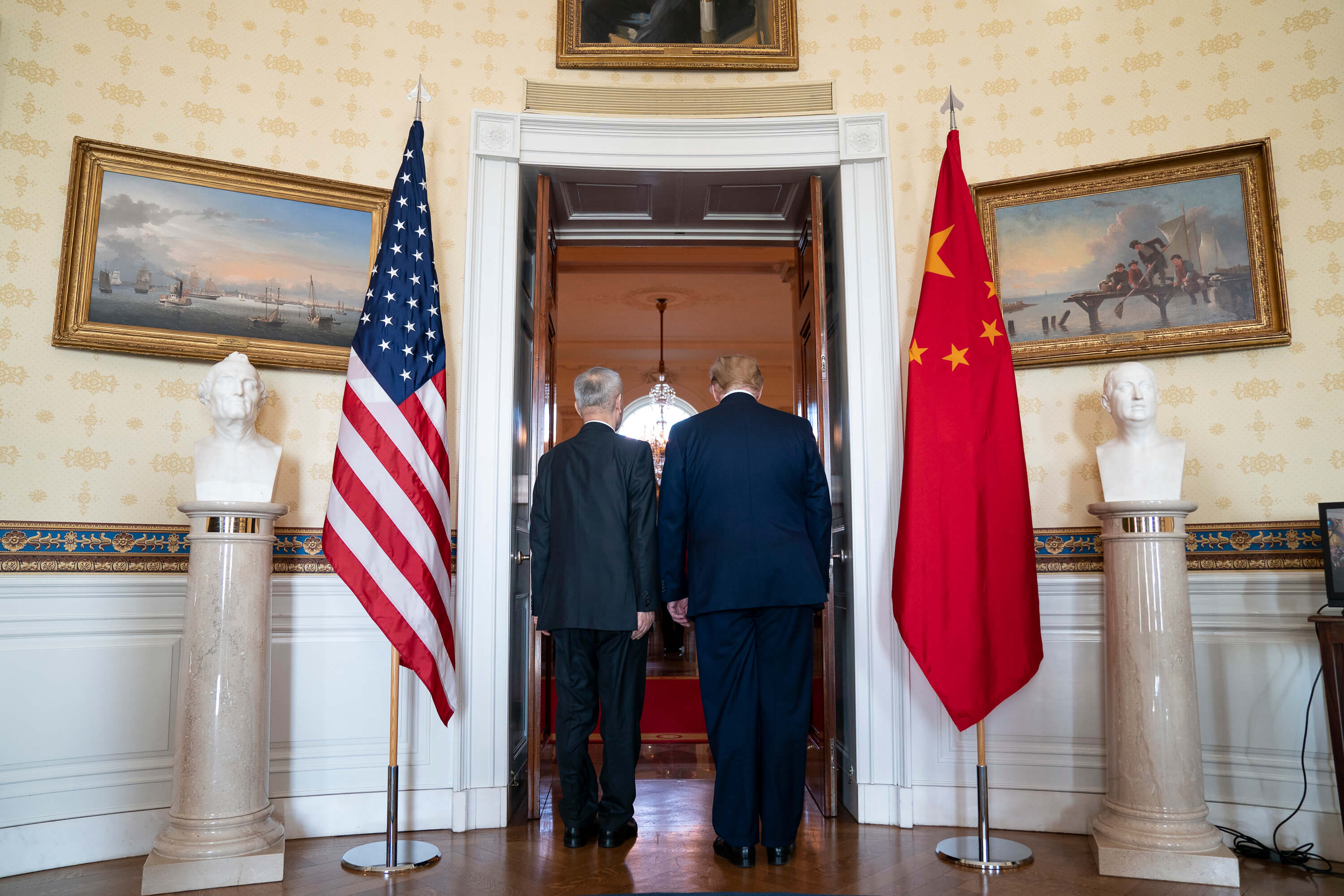 President Donald Trump and Chinese Vice Premier Liu He prepare to attend the signing ceremony for the U.S. China Phase One Trade Agreement Jan. 15, 2020, at the White House. © The White House/Flickr
