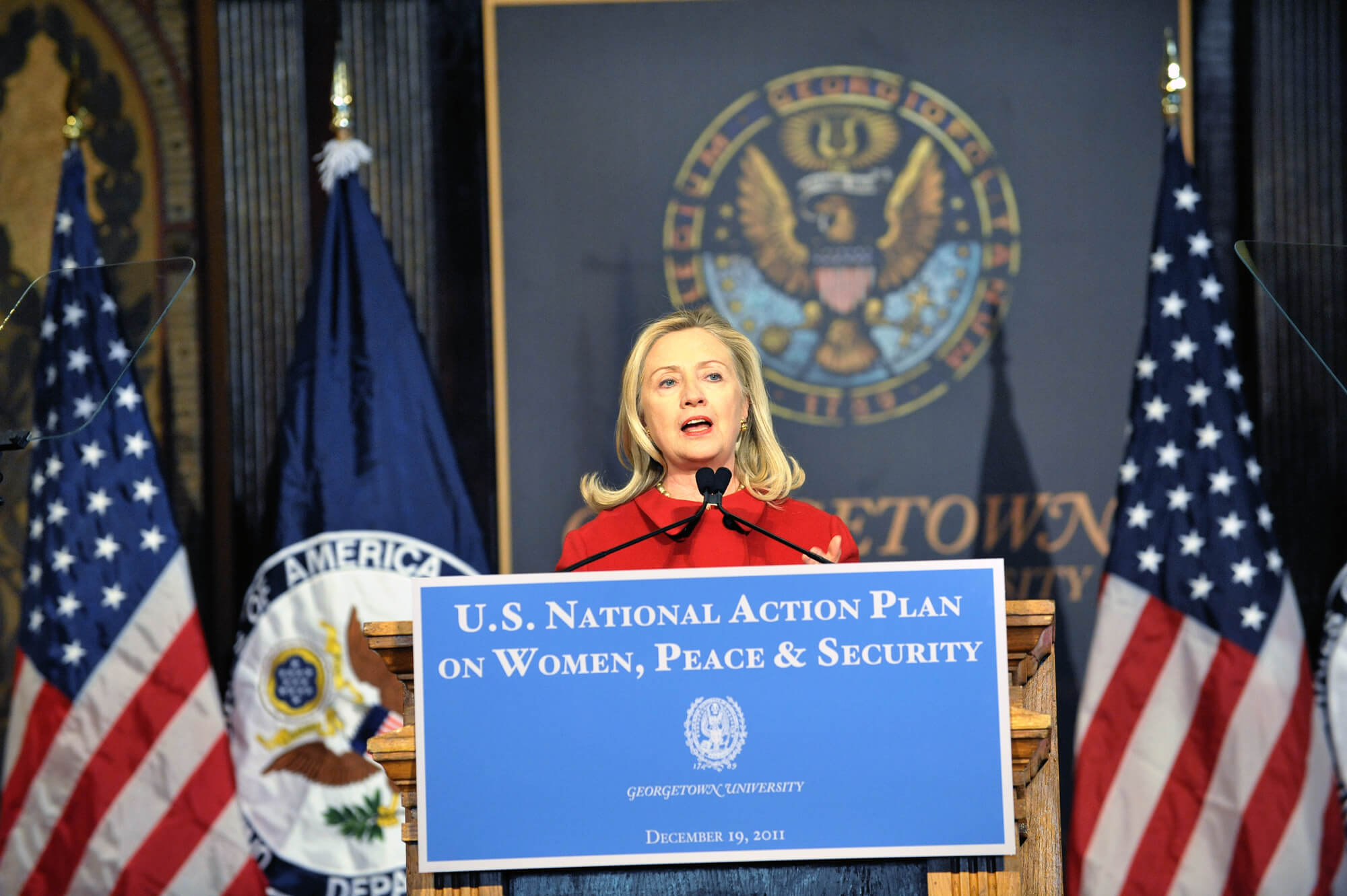 Joachim - U.S. Secretary of State Hillary Rodham Clinton discusses new efforts across the U.S. government to support women's participation in peace and security at Georgetown University in 2011. State Department photo