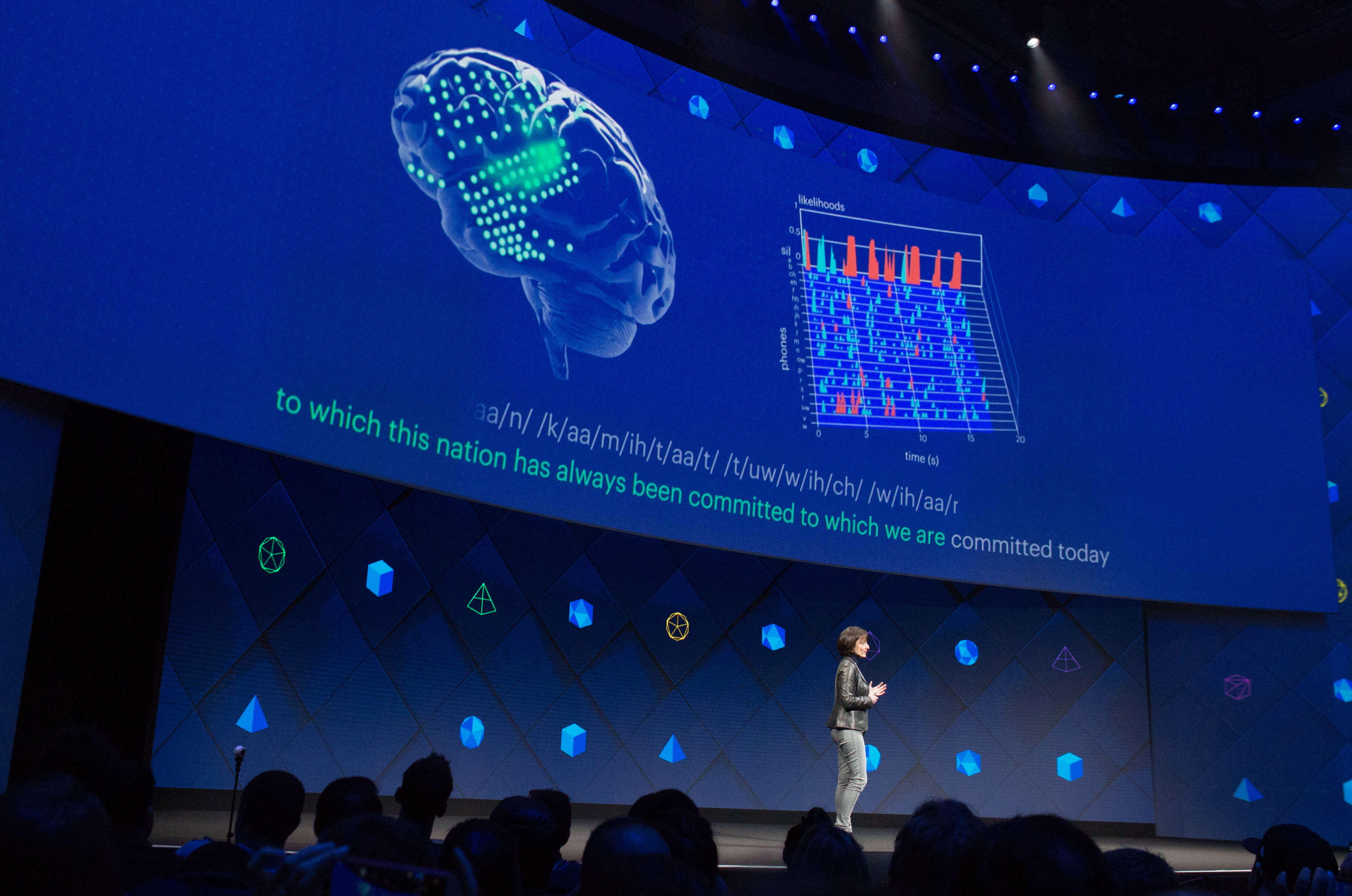 Joosten - Regina Dugan presents a project that would allow people to type words using censors that measure brain activity at Facebook's F8 conference in 2017. Anthony Quintano - Flickr 