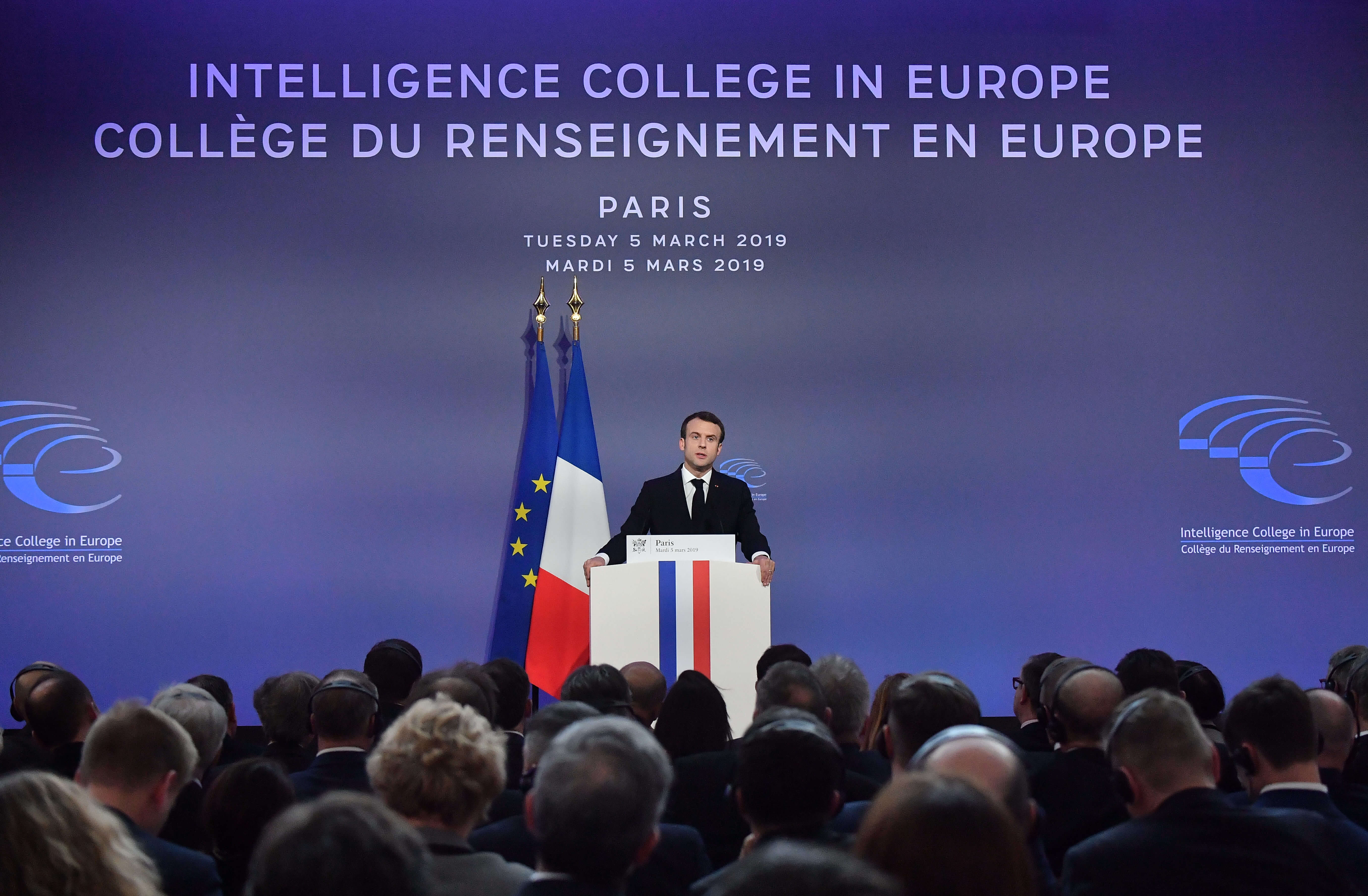 French President Emmanuel Macron delivers a speech during the closing session of the Intelligence College in Europe meeting at The Foreign Affairs Ministry in Paris on March 5, 2019. photos by Christian Liewig-ABACAPRESS.COM.
