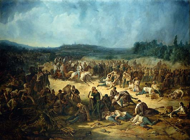 Klep - Schilerij toont de Zwitser Henri Dunant tijdens de Slag van Solferino in 1859. Wikimediacommons
