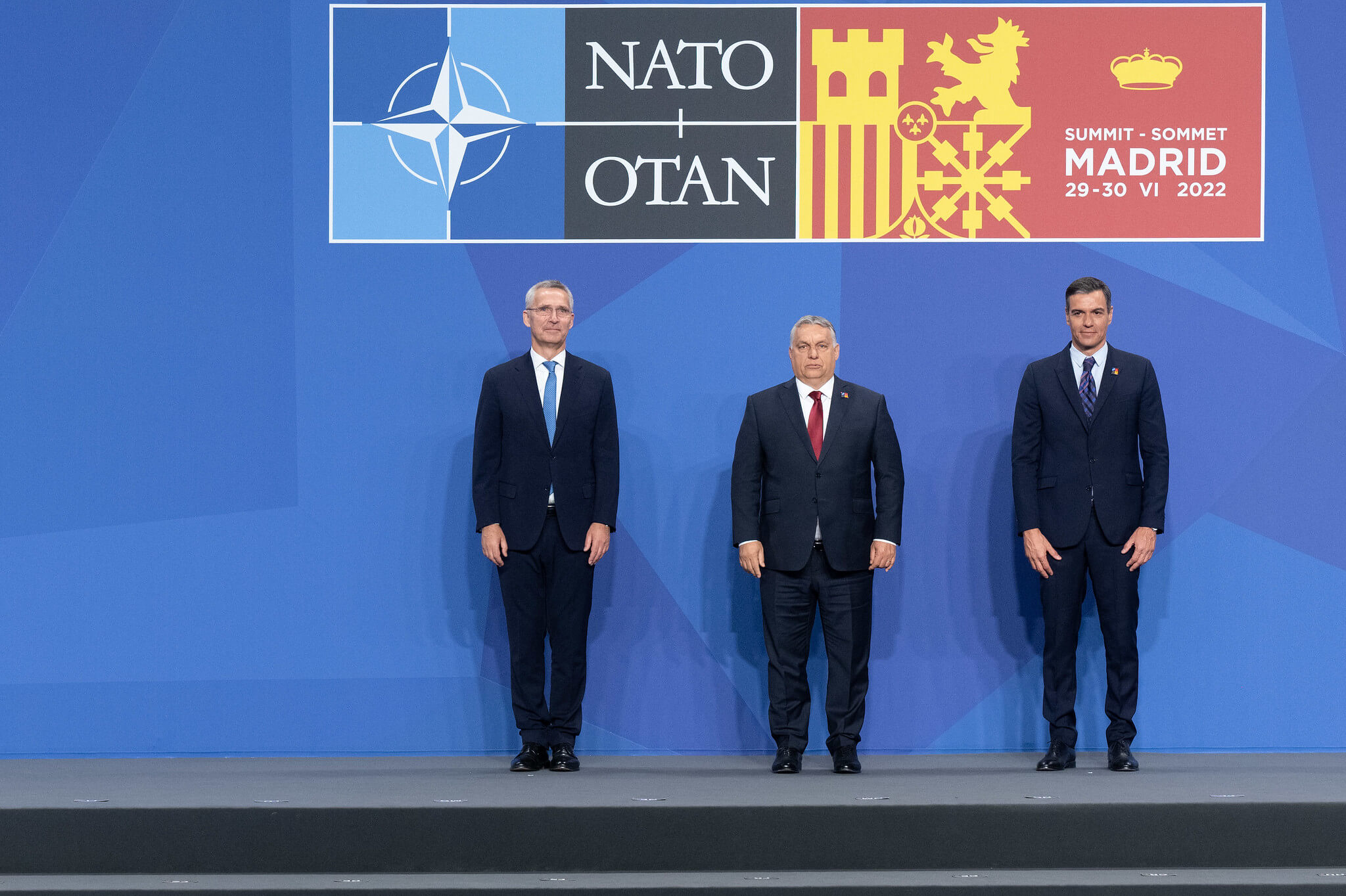 Kolen - NATO Secretary General Jens Stoltenberg and the Prime Minister of Spain, Pedro Sánchez welcome Prime Minister of Hungary Viktor Orbán in June, 2022. NATO
