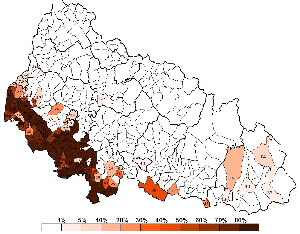 Percentage of Hungarian native speakers in the Zakarpattia oblast in western Ukraine, according to 2001 census. © Wikimediacommons