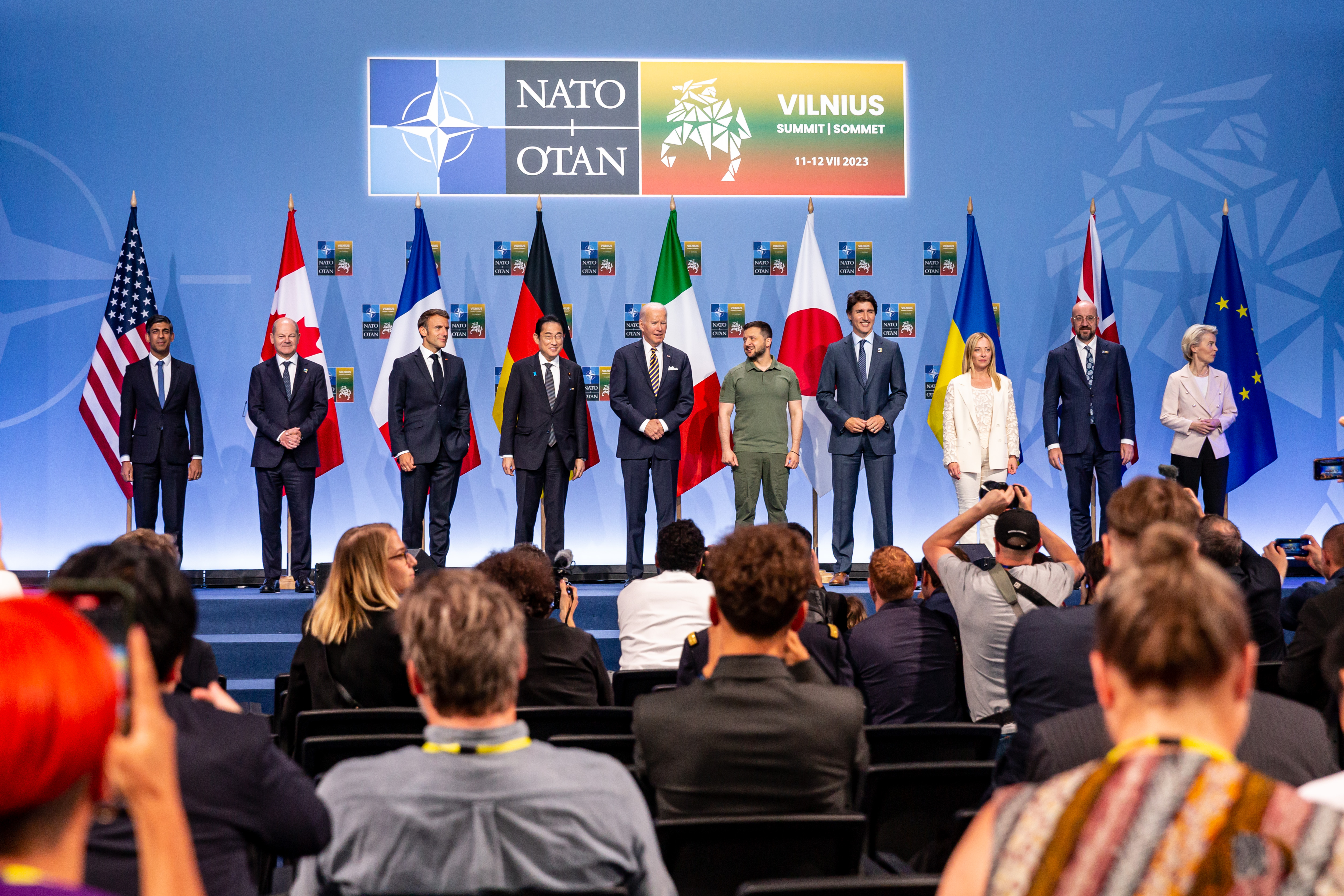 Leaders of the G7 countries with President Zelensky during the high-level NATO summit in Vilnius on 12 July 2023. © Dominika Zarzycka via NurPhoto / Reuters.