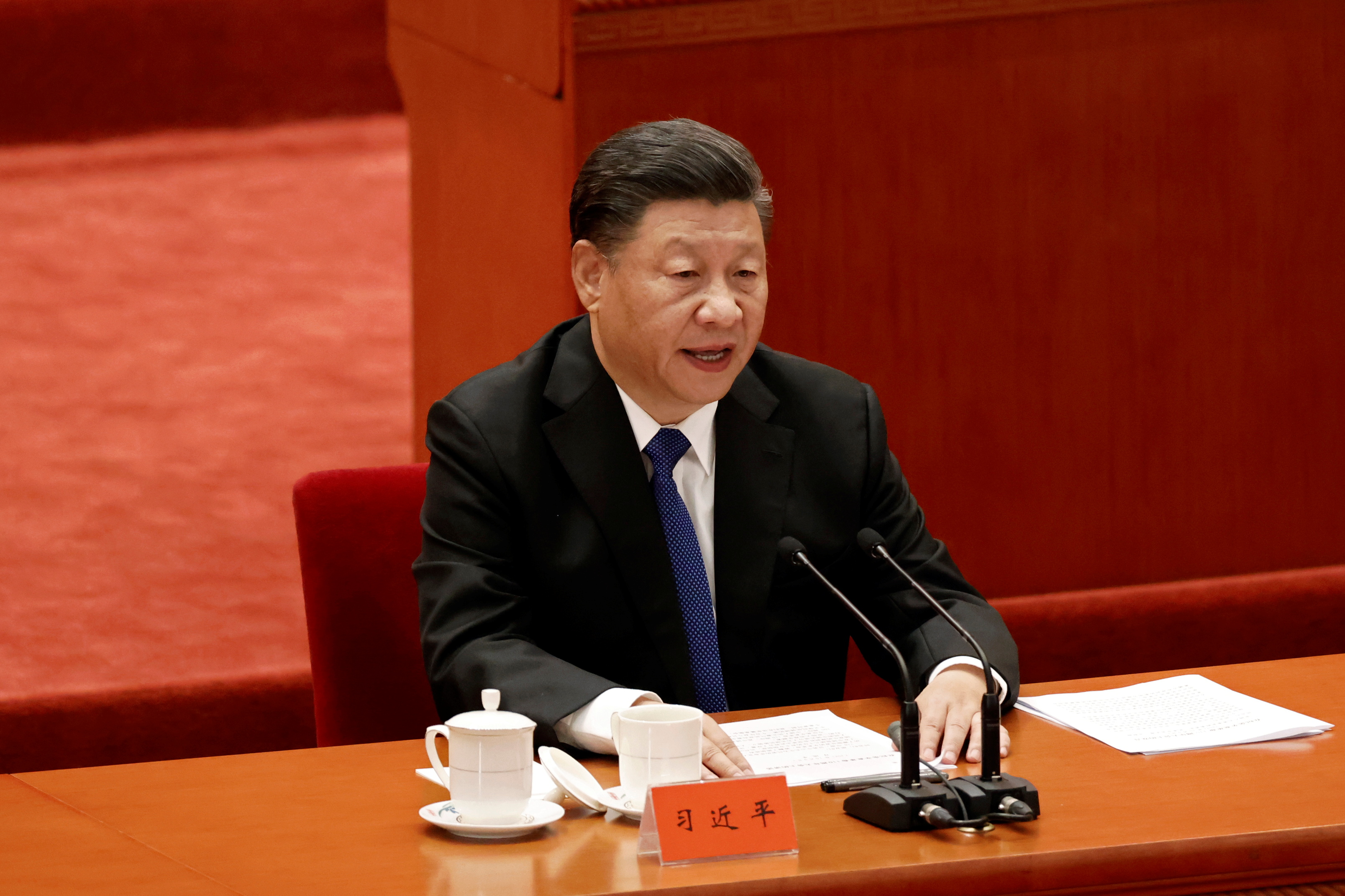 Chinese President Xi Jinping speaks at a meeting commemorating the 110th anniversary of Xinhai Revolution at the Great Hall of the People in Beijing, China on 9 October 2021. © Carlos Garcia Rawlins / Reuters
