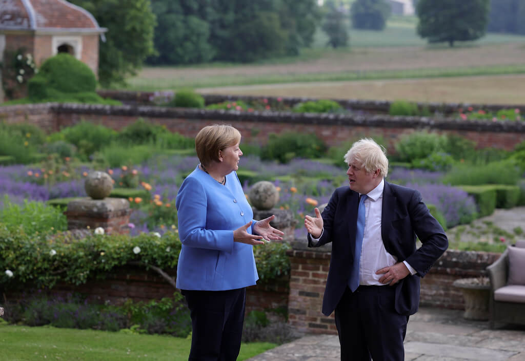 Menon-In July 2021, British Prime Minister Boris Johnson meets with the Chancellor of Germany Angela Merkel at the Prime Ministers country residence Chequers. Number 10 - Flickr.jpg