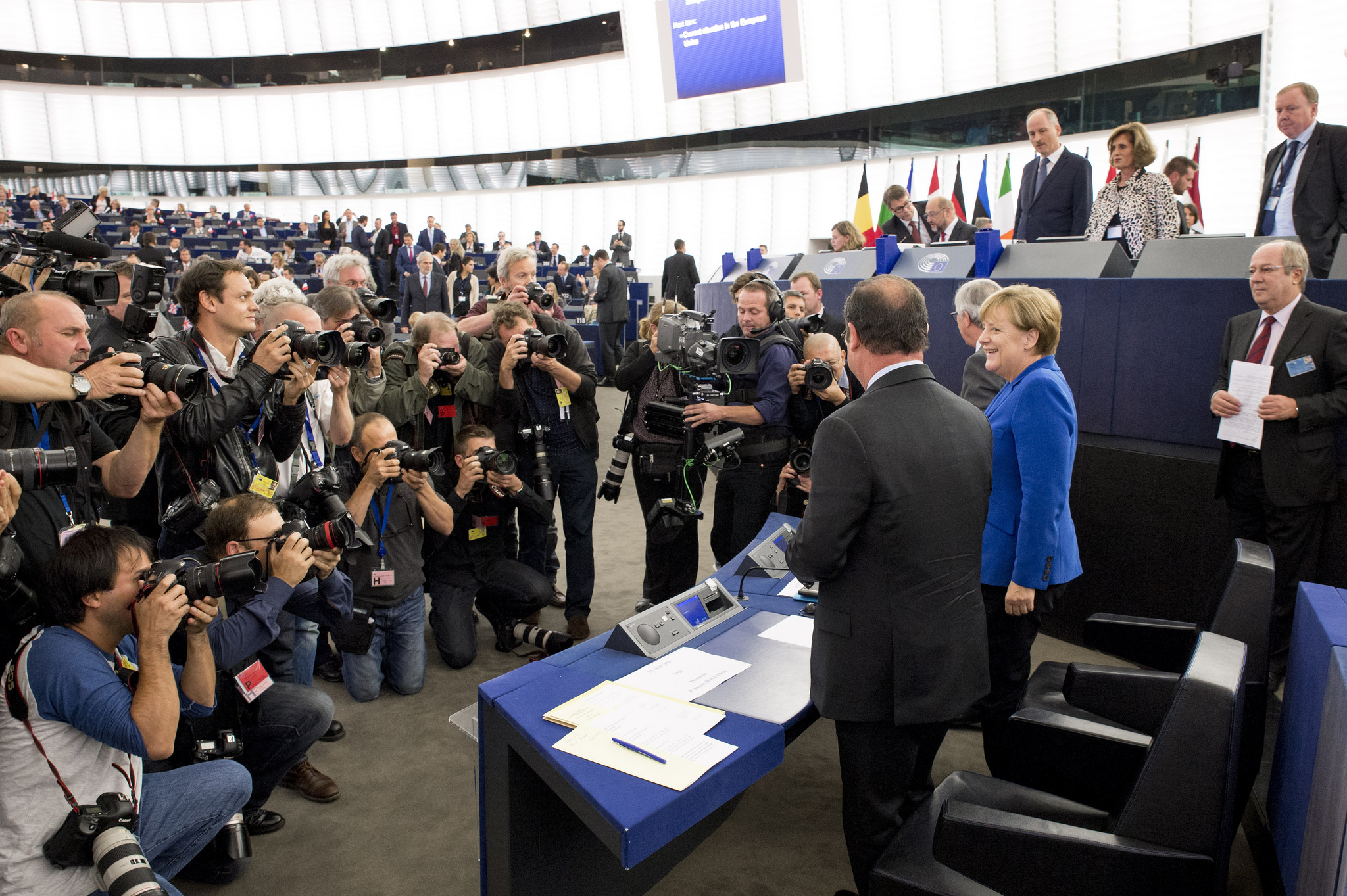 Angela Merkel with François Hollande in the European Union Parliament in 2015. Source: European Union