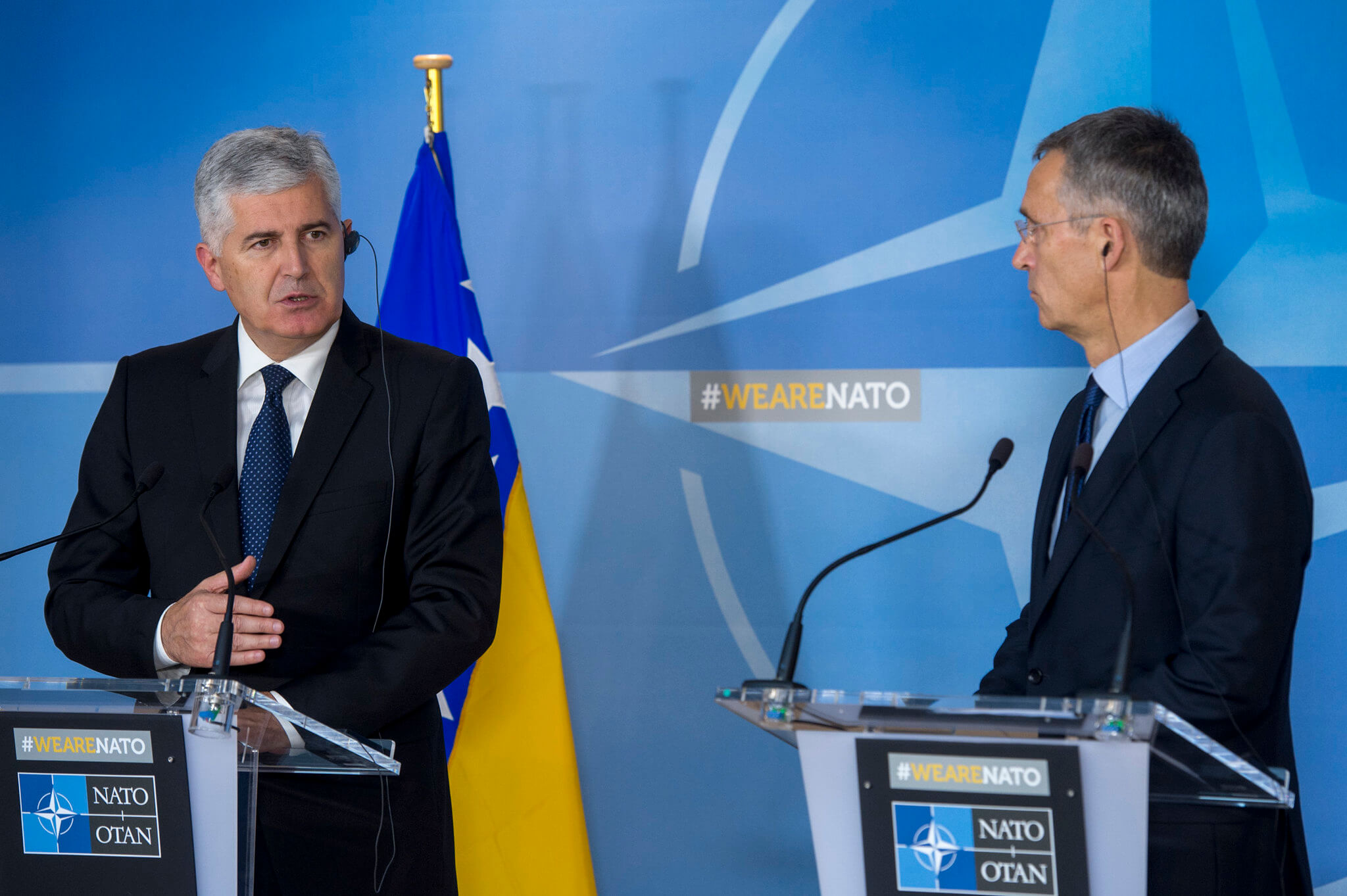 Mujanovic -  Chairman of the Presidency of Bosnia and Herzegovina Dragan Covic with NATO Secretary General Jens Stoltenberg in 2017. NATO