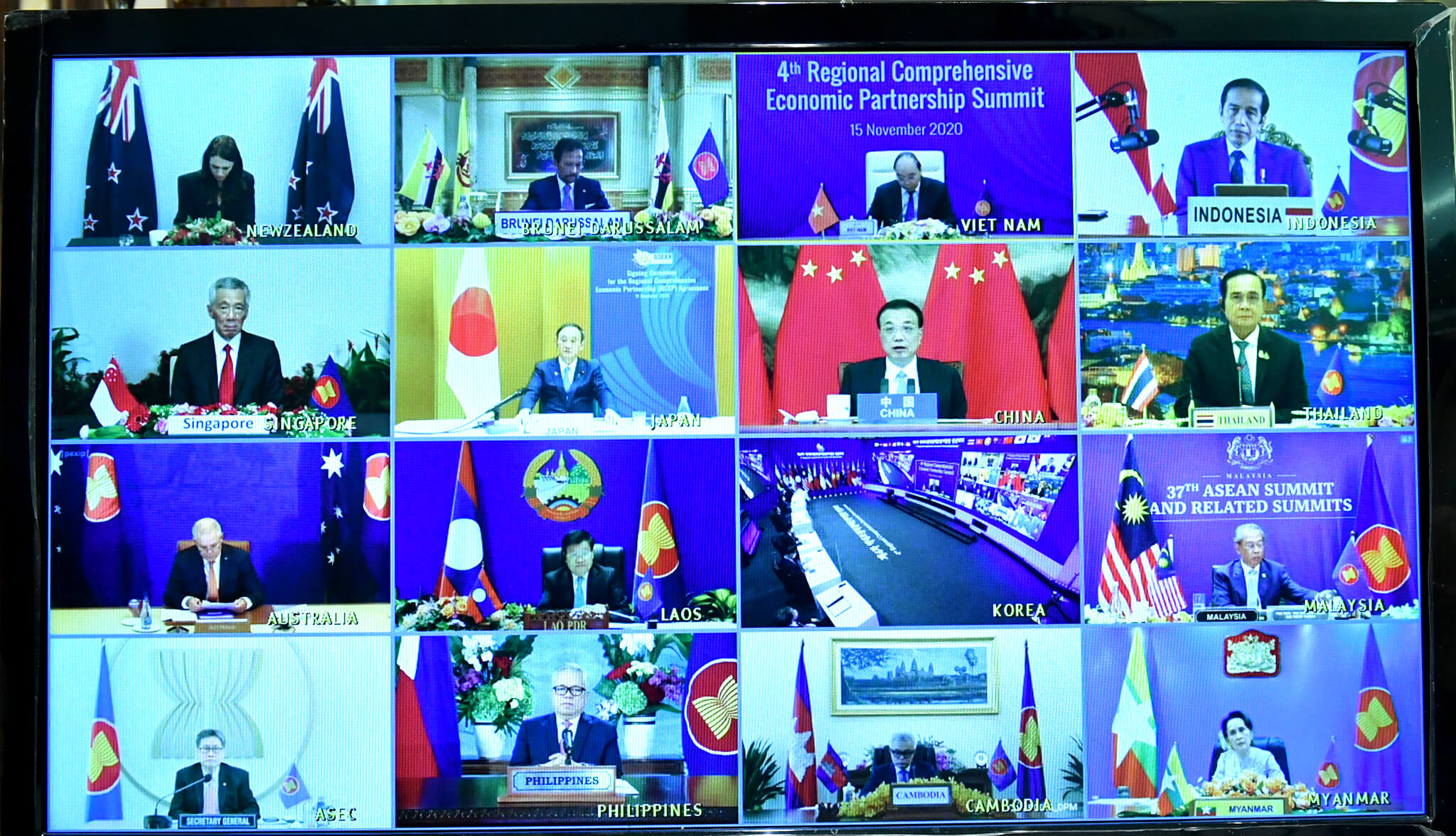 Regeringsleiders in gesprek over het vrijhandelsverdrag Regional Comprehensive Economic Partnership (RCEP) in november 2020.