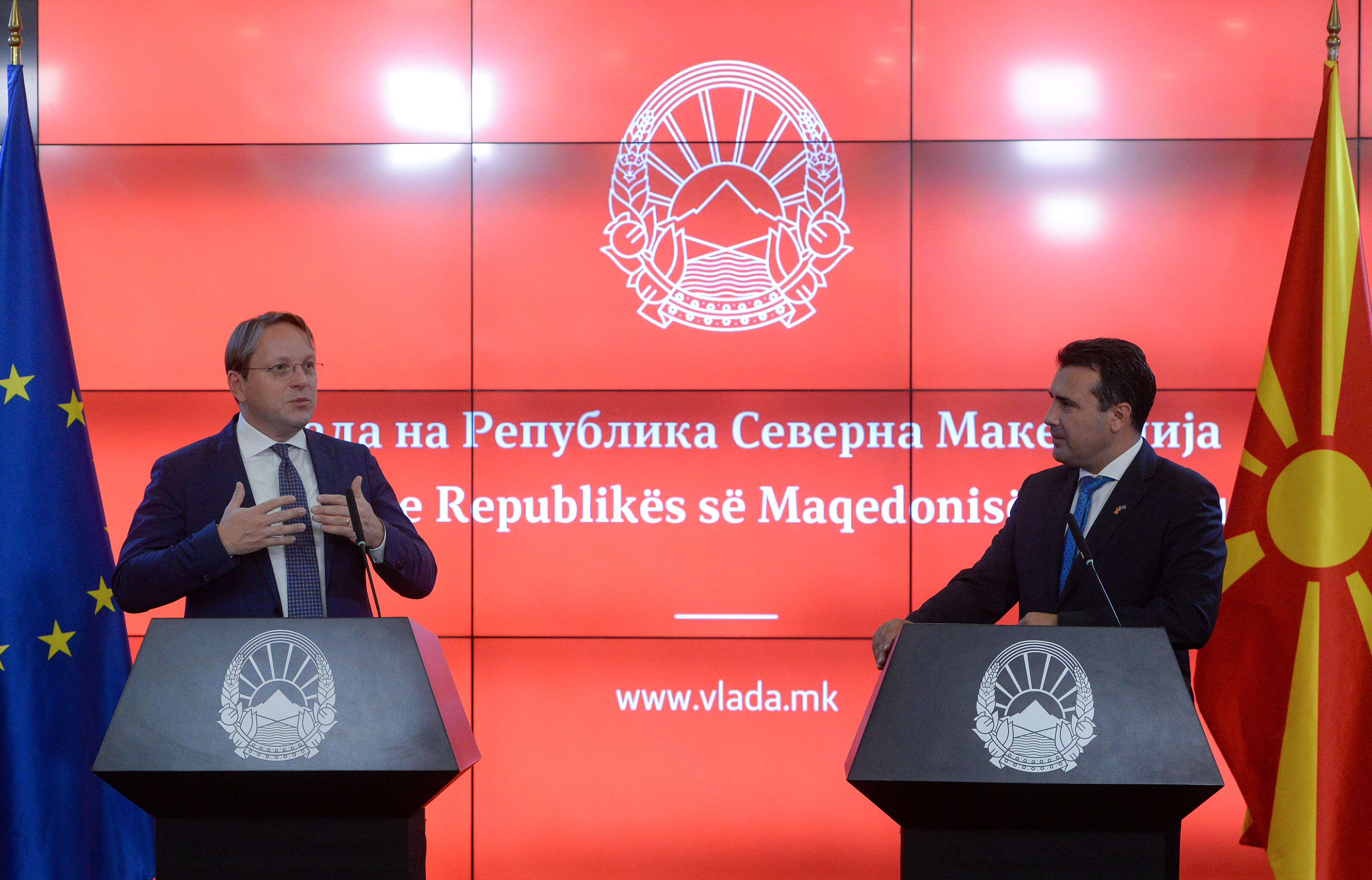 Popovikj-art-Olivér Várhelyi, European Commissioner for Neighbourhood and Enlargement with President of North Macedonia, Zoran Zaev in 2020. EU