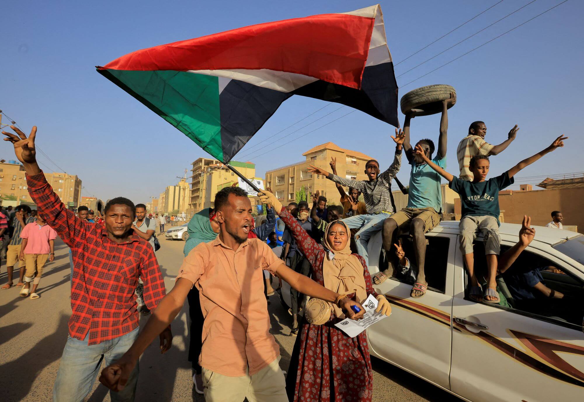 Protesters march in Khartoum, Sudan, during a rally on April 6, 2023 marking the anniversary of the April uprising in 2019. © Reuters